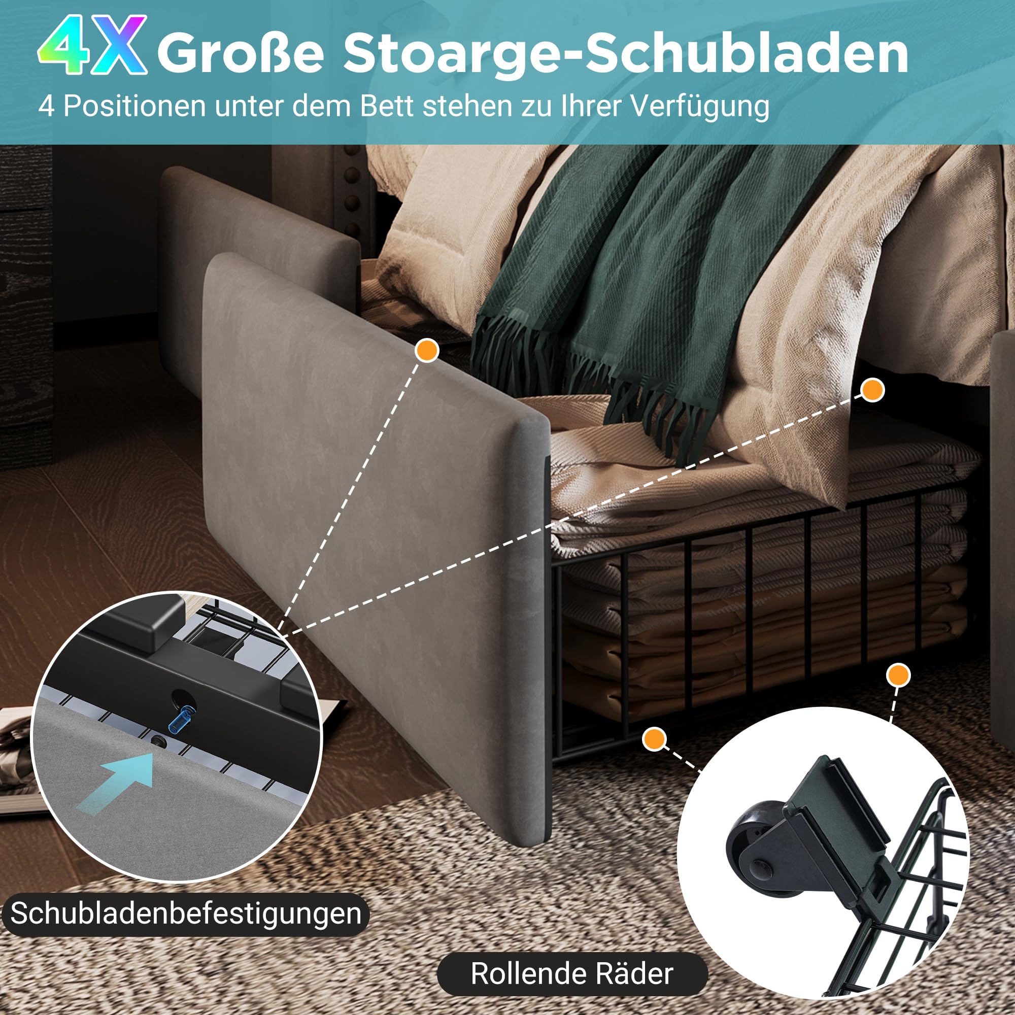 Merax Polsterbett 180x200cm Doppelbett Bettrahmen mit 4 Schublade, Gepolstertes Bett mit LED & USB-C-Ladeanschluss, Stauraumbett Funktionsbett mit Lattenrost, Samt, Retro-Stil, ohne Matratze, Grau