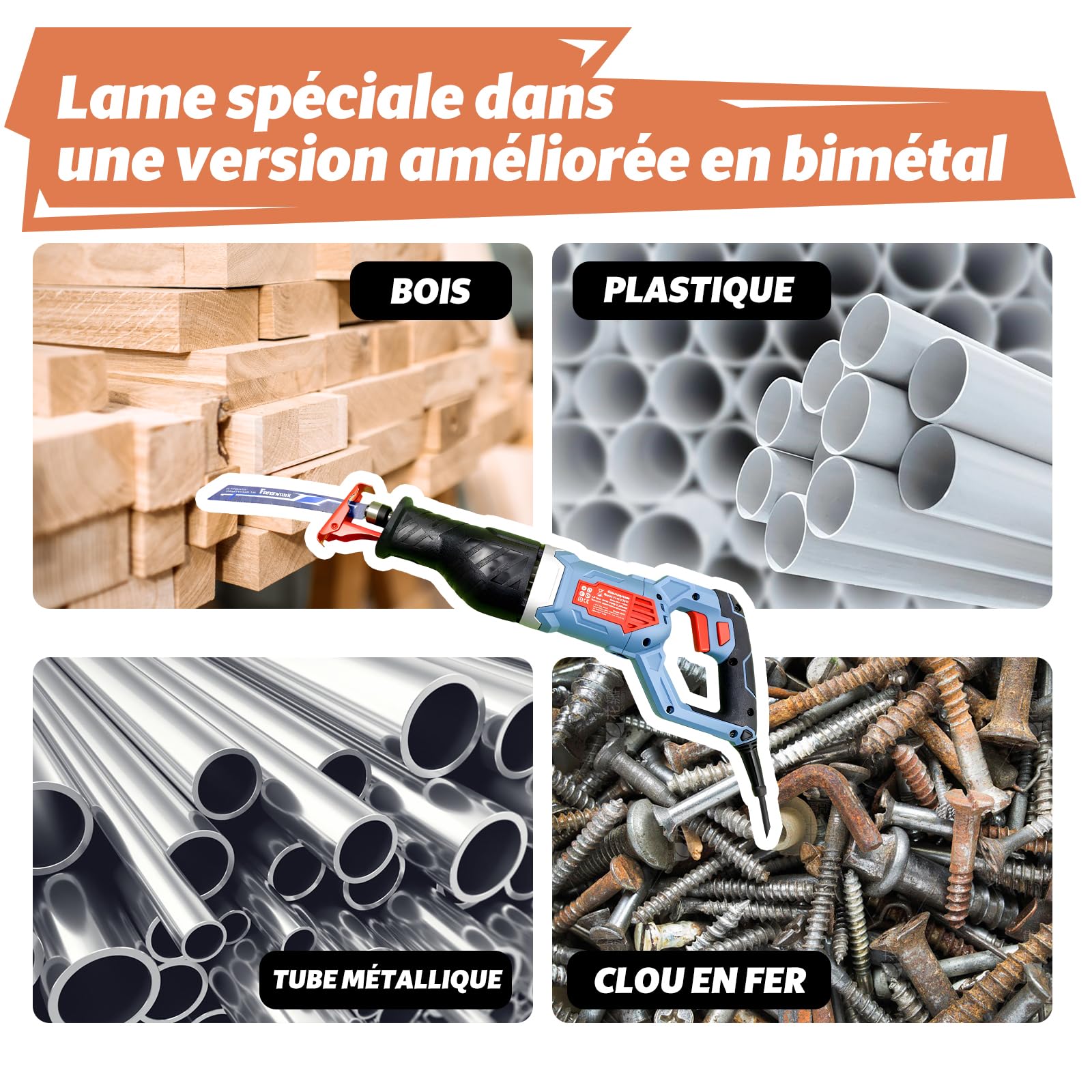 FANZWORK Scie sabre électrique 1100W – Scie alternative avec 0–2500 SPM, LED, Lame Incluse, Câble de 4 m – Pour le bois, le Métal et le Plastique, etc. – Changement de lame sans outil
