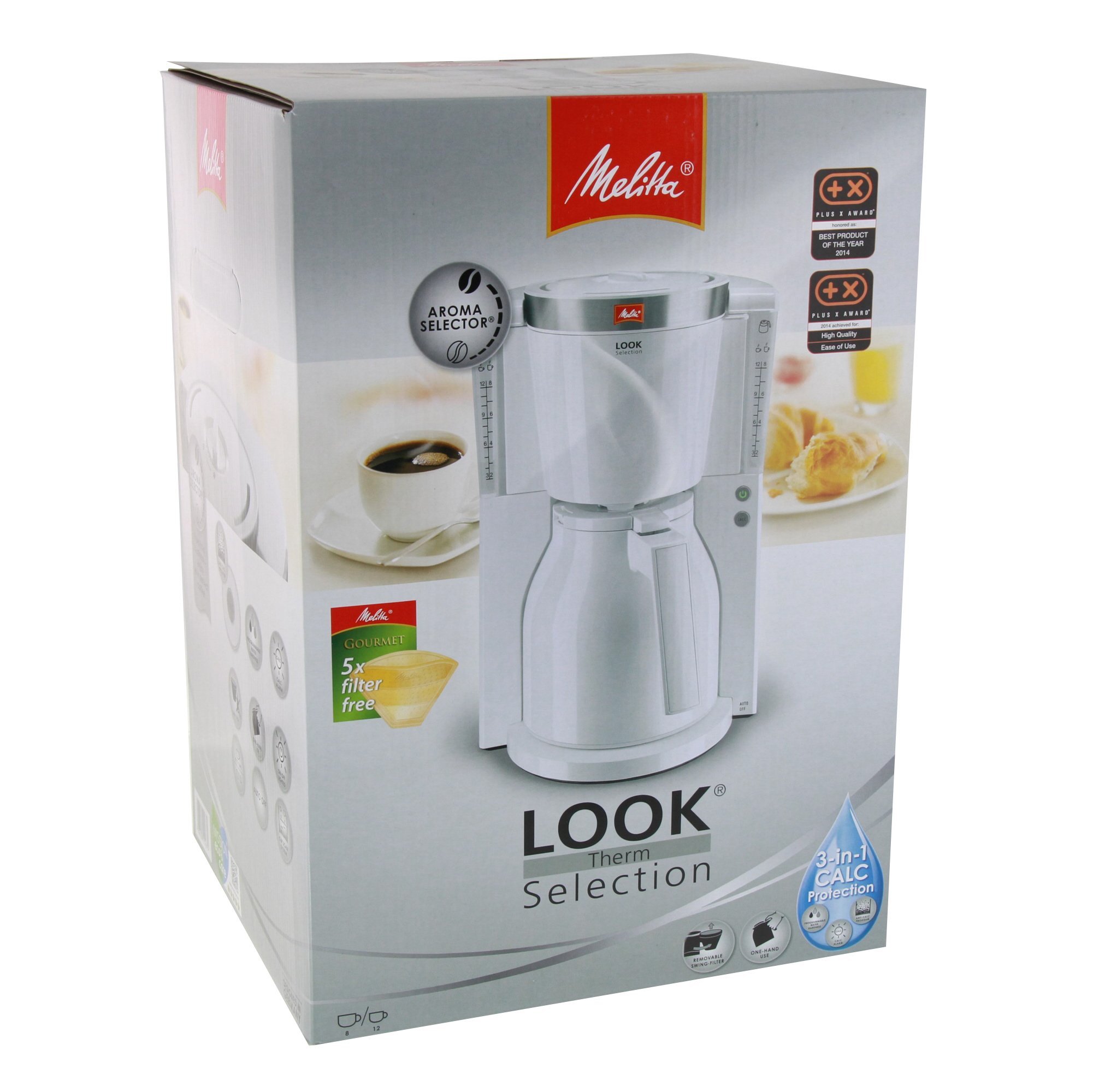 Melitta Cafetière à Filtre avec Verseuse Isotherme, Sélecteur d’Arôme, Look Therm Selection, Blanc/Acier Brossé, 1011-11