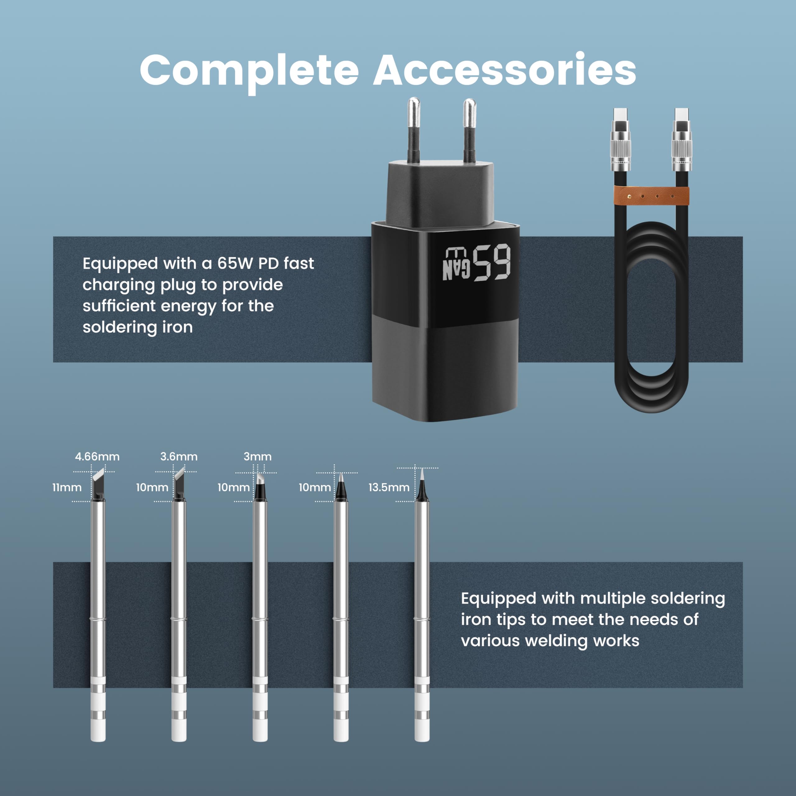 KAIWEETS Lutownica USB C 65 W, aluminium, regulacja temperatury 80-420°C, przenośna lutownica z inteligentnym ekranem cyfrowym, ładowarka GaN 65 W, kabel USB C i 5 końcówek lutowniczych