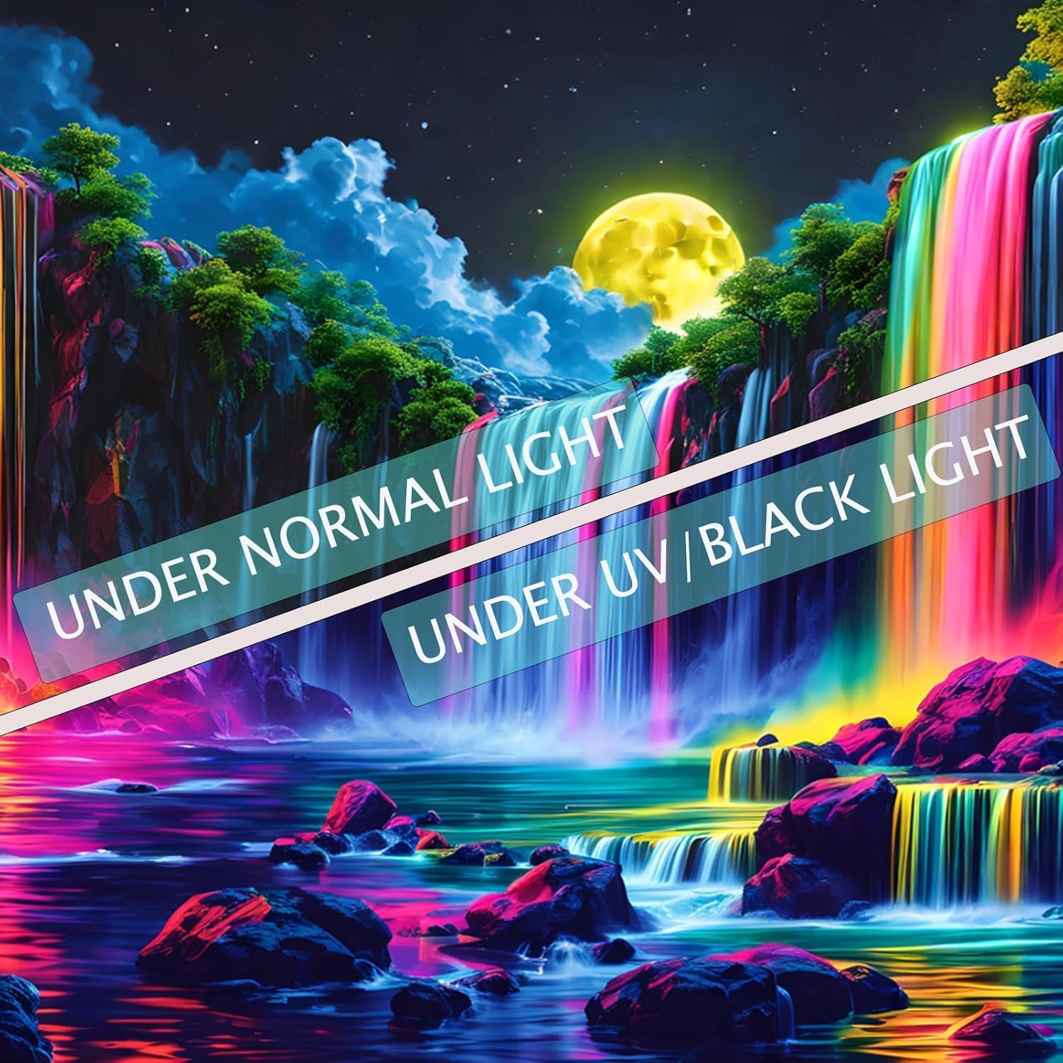 SparkLia Blacklight Fantasy Waterfall Moon, UV Reactive Nature Tapestry Neon Landscape Mountain Rainbow Wave Tapestry Wall Hanging Tapestries for Bedroom, Living Room - 70" x 90"