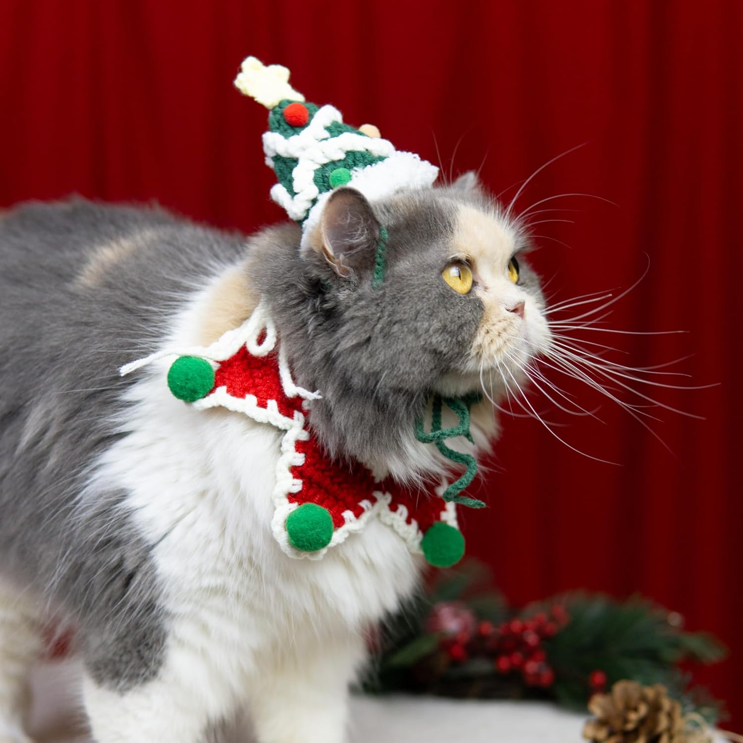 Christmas Cat Costume,Handmade Dog Outfit with Christmas Tree Cat Hat,Knitted Dog Costume,Adjustable Fit Five-Pointed Star Clothes, for Dogs,Rabbits