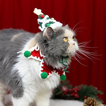 Christmas Cat Costume,Handmade Dog Outfit with Christmas Tree Cat Hat,Knitted Dog Costume,Adjustable Fit Five-Pointed Star Clothes, for Dogs