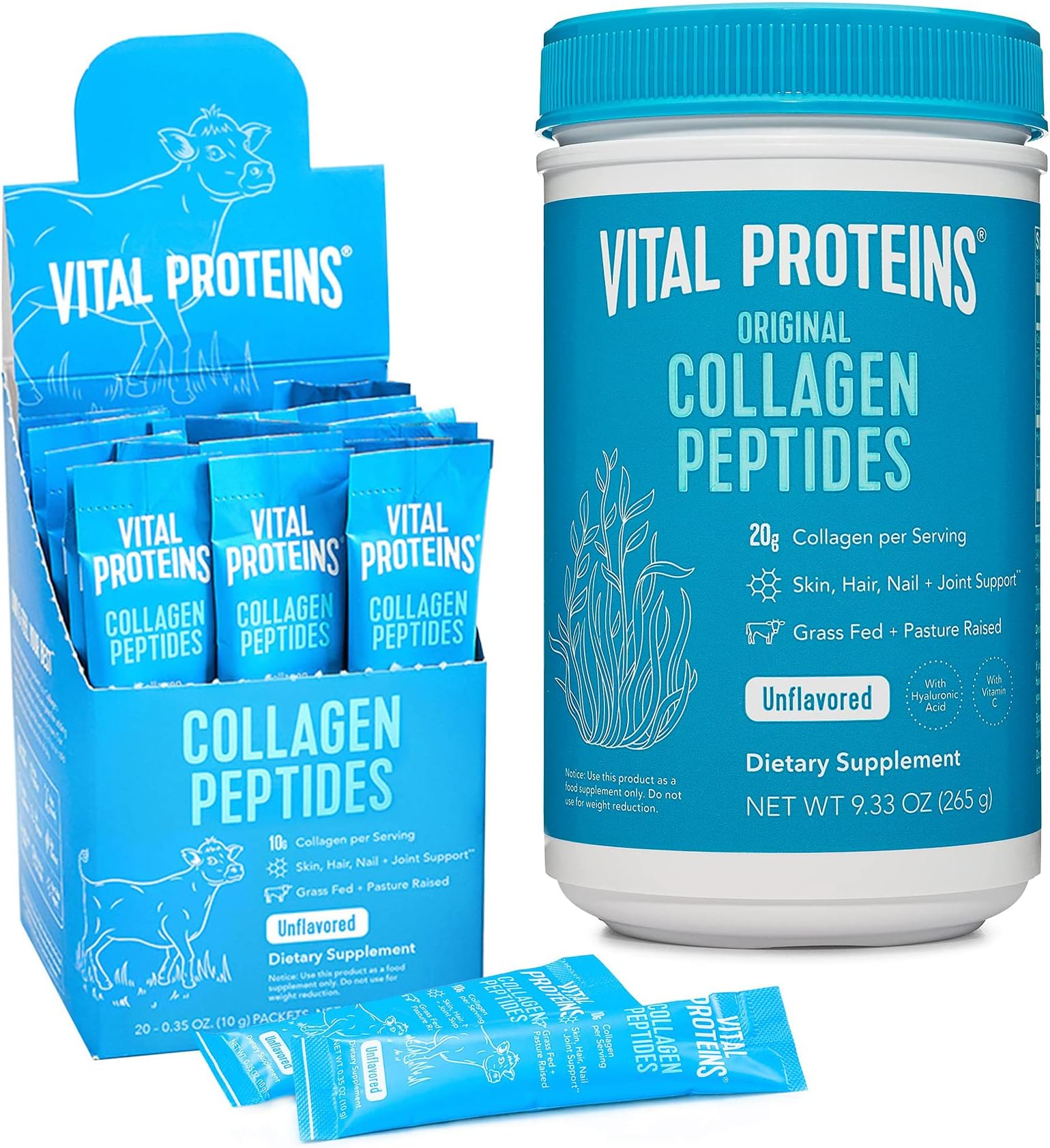 Vital Proteins Collagen Peptides Powder, 9.33 oz Unflavored + 20 Stick Pack