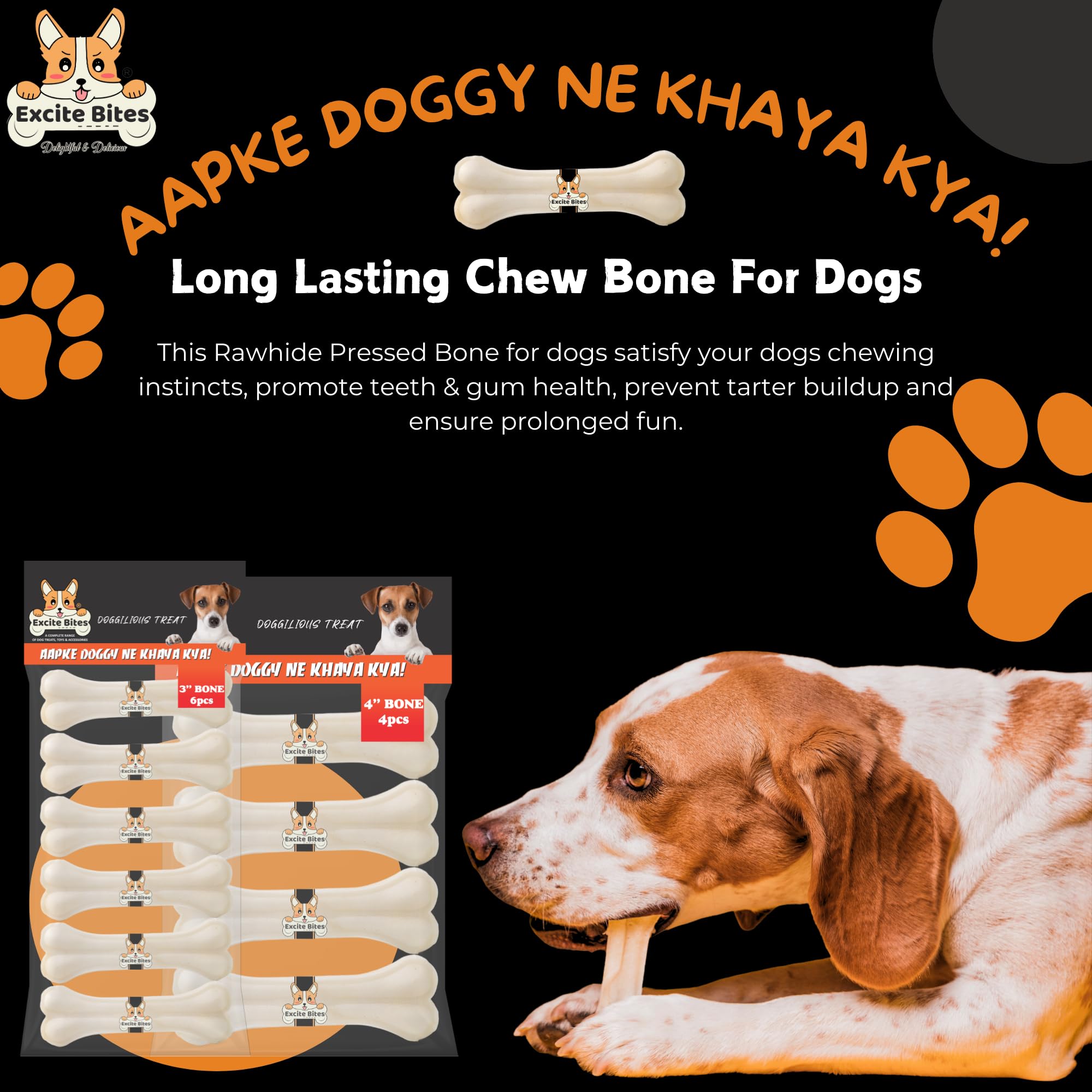 Excite Bites Combo Offer - Pet Rawhide Bones (Dog Chews) (3"-6Pcs)(4"-4Pcs), 385 g (Pack of 2)