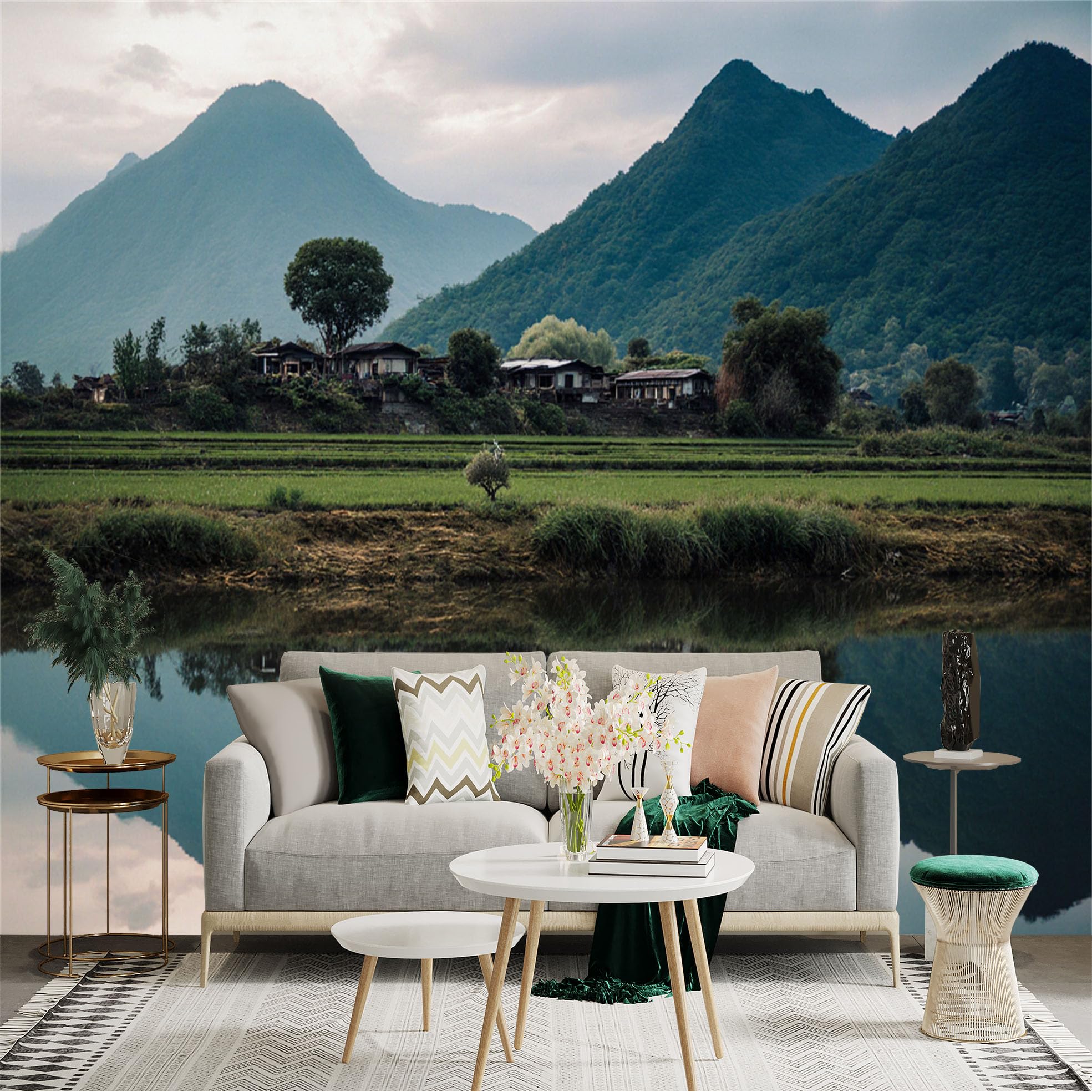 Lnzczhyre Xc260505524 Custom Size Wall Sticker Mural， Rural Mountain Village， Calm River Reflection， Lush Green Hills， Peaceful Countryside Scenery， For Wall Decoration， Peelandstick Wall Decals.