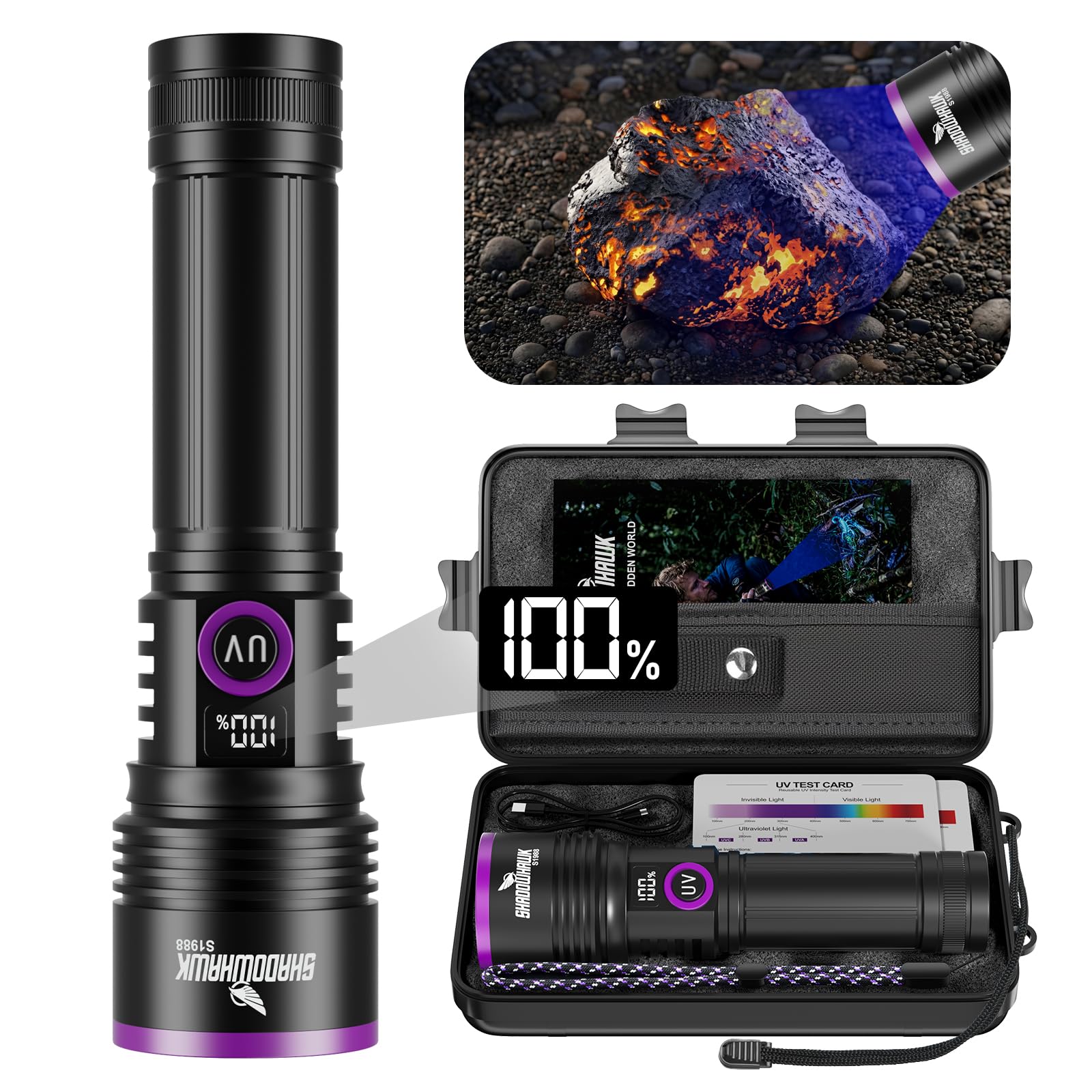 Shadowhawk Lumière noire 365 nm avec lentille filtrante – Lampe de poche UV 30 W à 4 cœurs rechargeable avec écran LCD, lampe UV pour recherche d'ambre, scorpions, test d'urine animale, durcissement