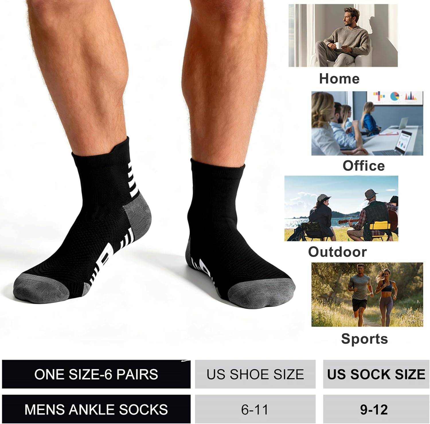 6 Pairs Mens Ankle Socks,Comfort Wicking Breathable Cushioned Running|Casual Socks For Men With Arch Support&Heel Tab