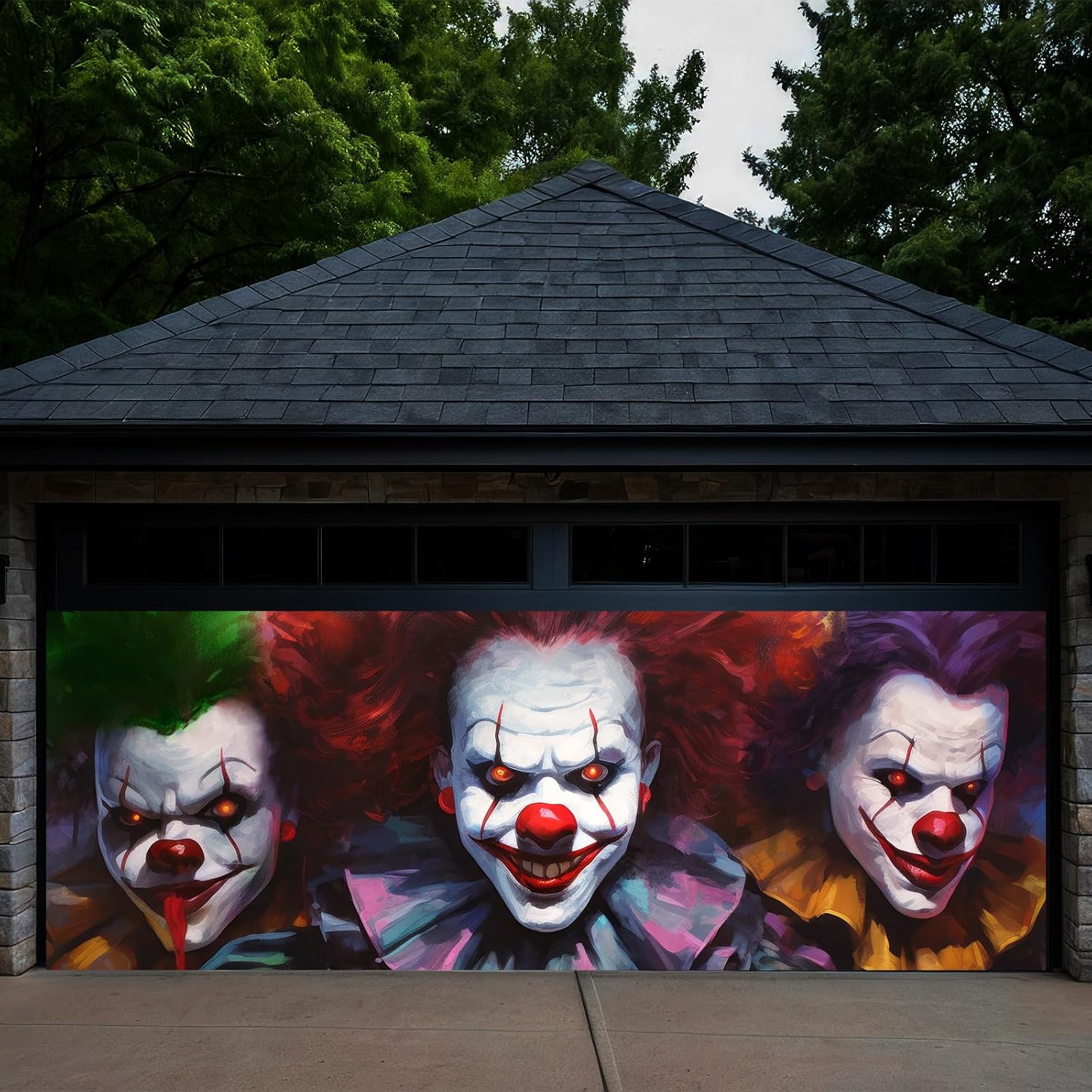 6x16FT Horror Halloween Garage Door Banner, Creepy Clown Backdrop, Oil Painting Decor, Scary Theme Party Supplies