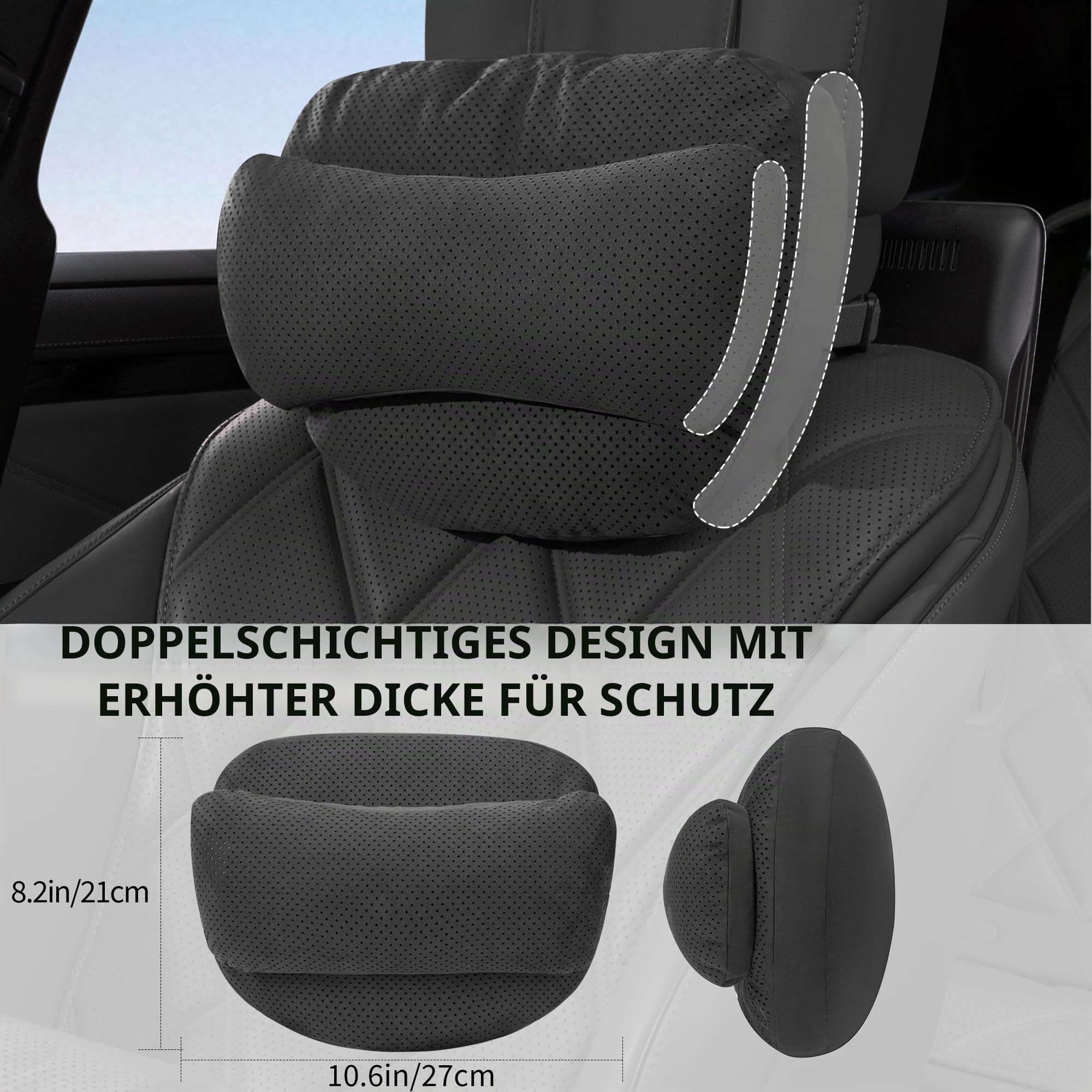 Nackenkissen Auto, Weichheit Kopfstütze Kissen für Auto, Set mit Doppellagigem Design mit Memory Foam und Biologischer Baumwolle für Autos, LKWs und SUVs (Schwarz)