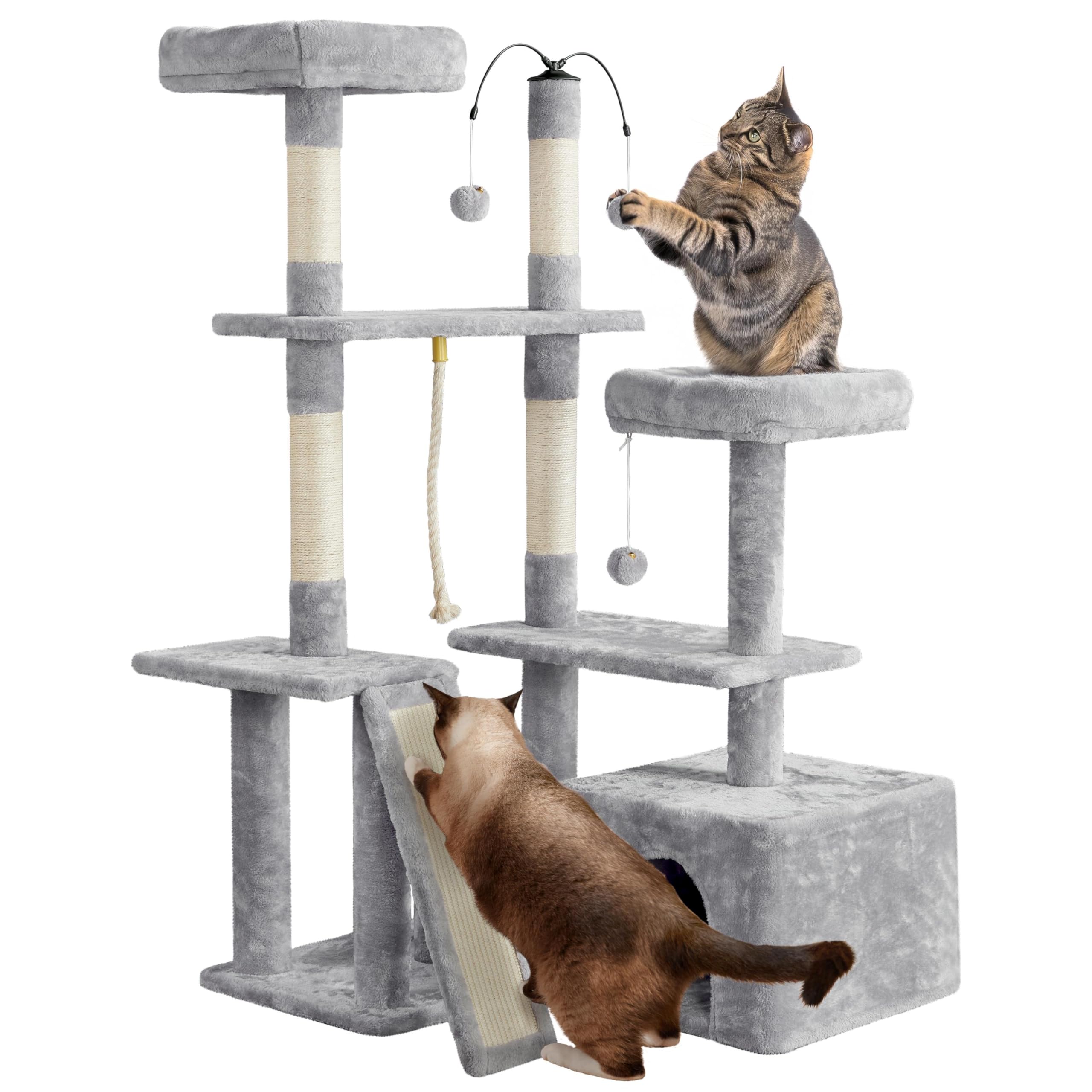 Yaheetech 136cm Cat Tree, Large Sturdy Cat Tower with Plush Condo for Indoor Cats, 4 Sisal Posts, Spacious Perches & Dangling Balls, Light Grey