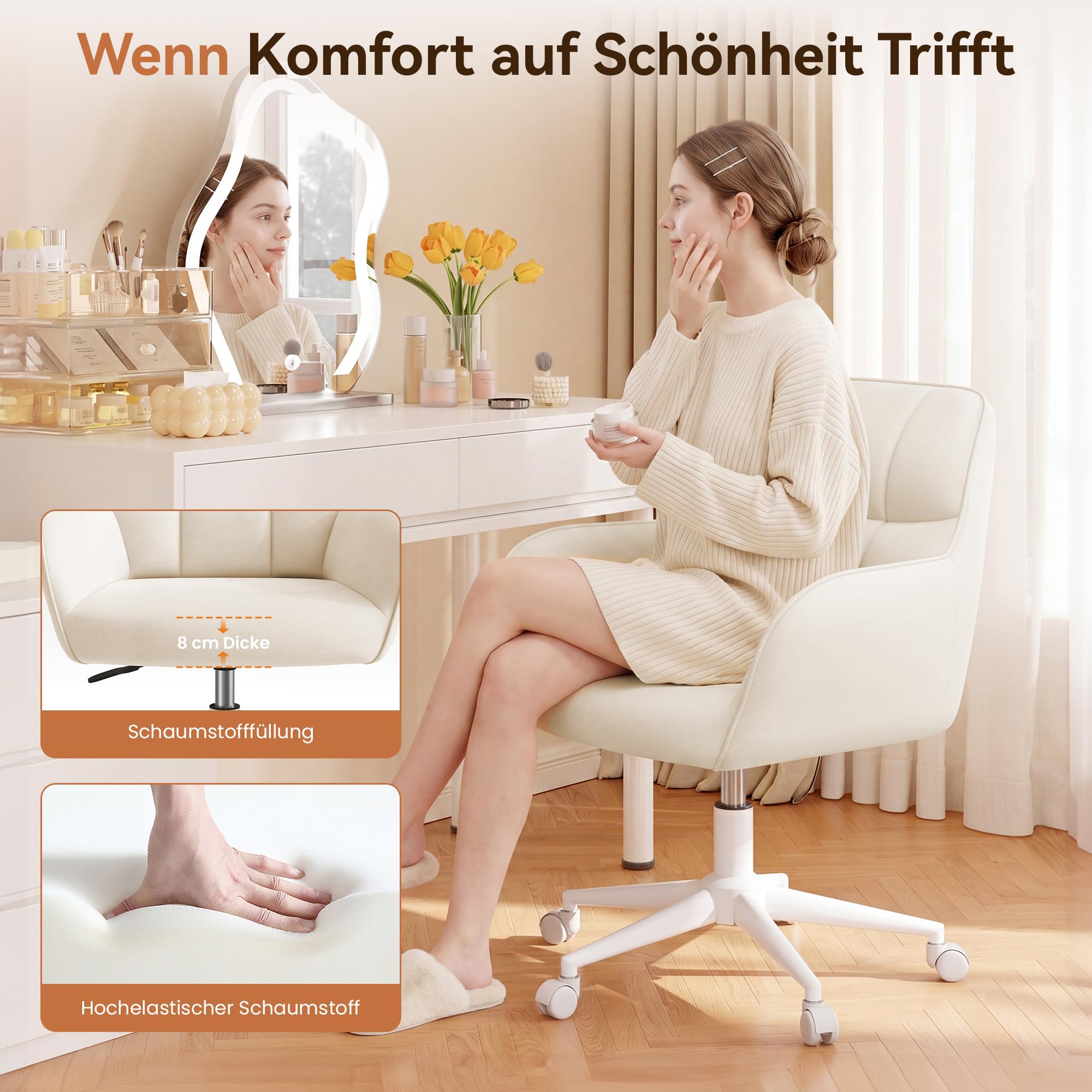 YOUDENOVA Schreibtischstuhl, Drehstuhl mit Rollen, Schminkstuhl Höhenverstellbar, Homeoffice Stuhl, Bürostuhl Ergonomisch, Vanity Chair für Mädchen Arbeitszimmer Schlafzimmer Büro, Samt Beige