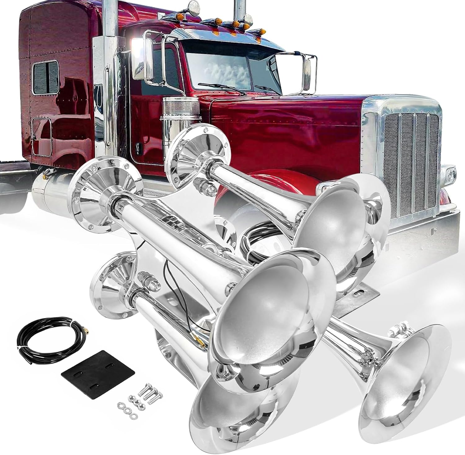 HIGHSOAR 12V/24V Truck Air Horn 150DB 4 Trumpet Horns Kit universal for Car Train Boat