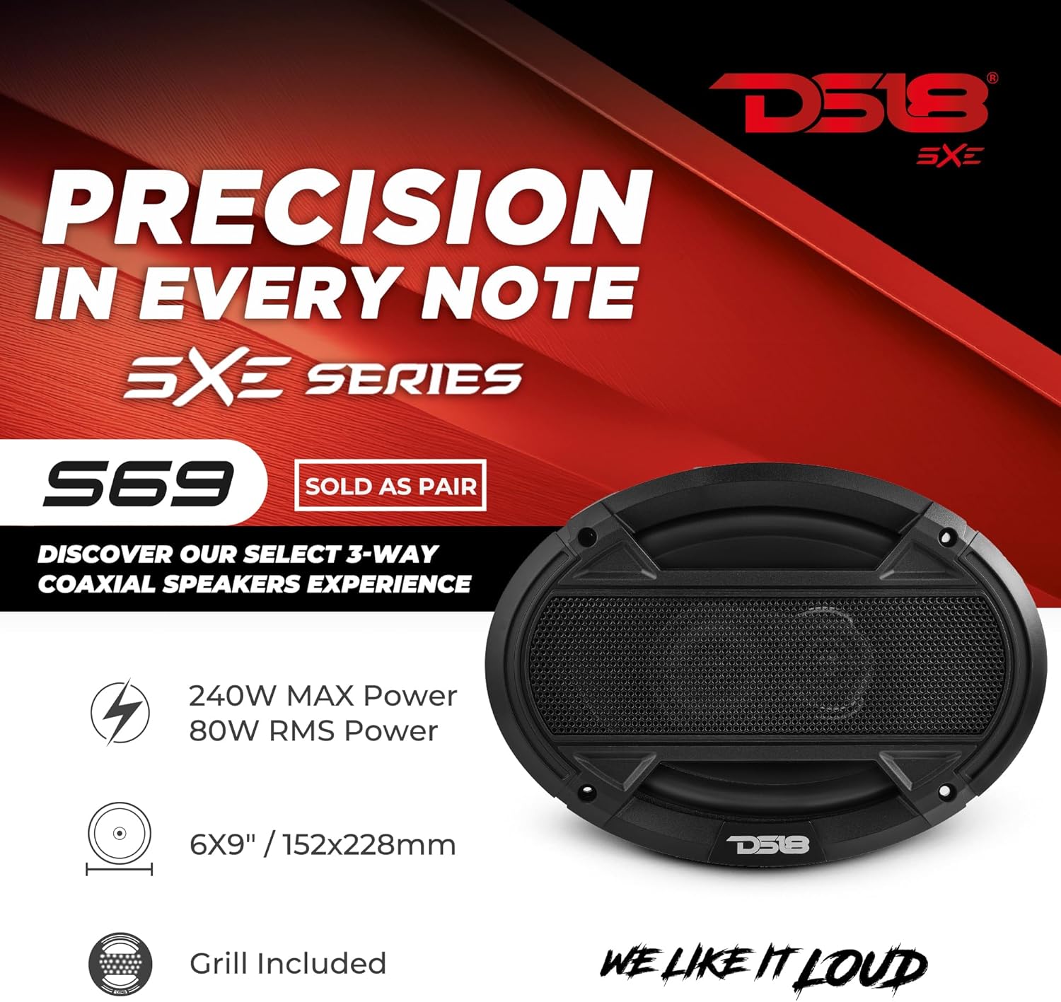 DS18 S69 speaker with specifications overlay: 240W Max Power, 80W RMS Power, 6x9 inch size, Grill Included.