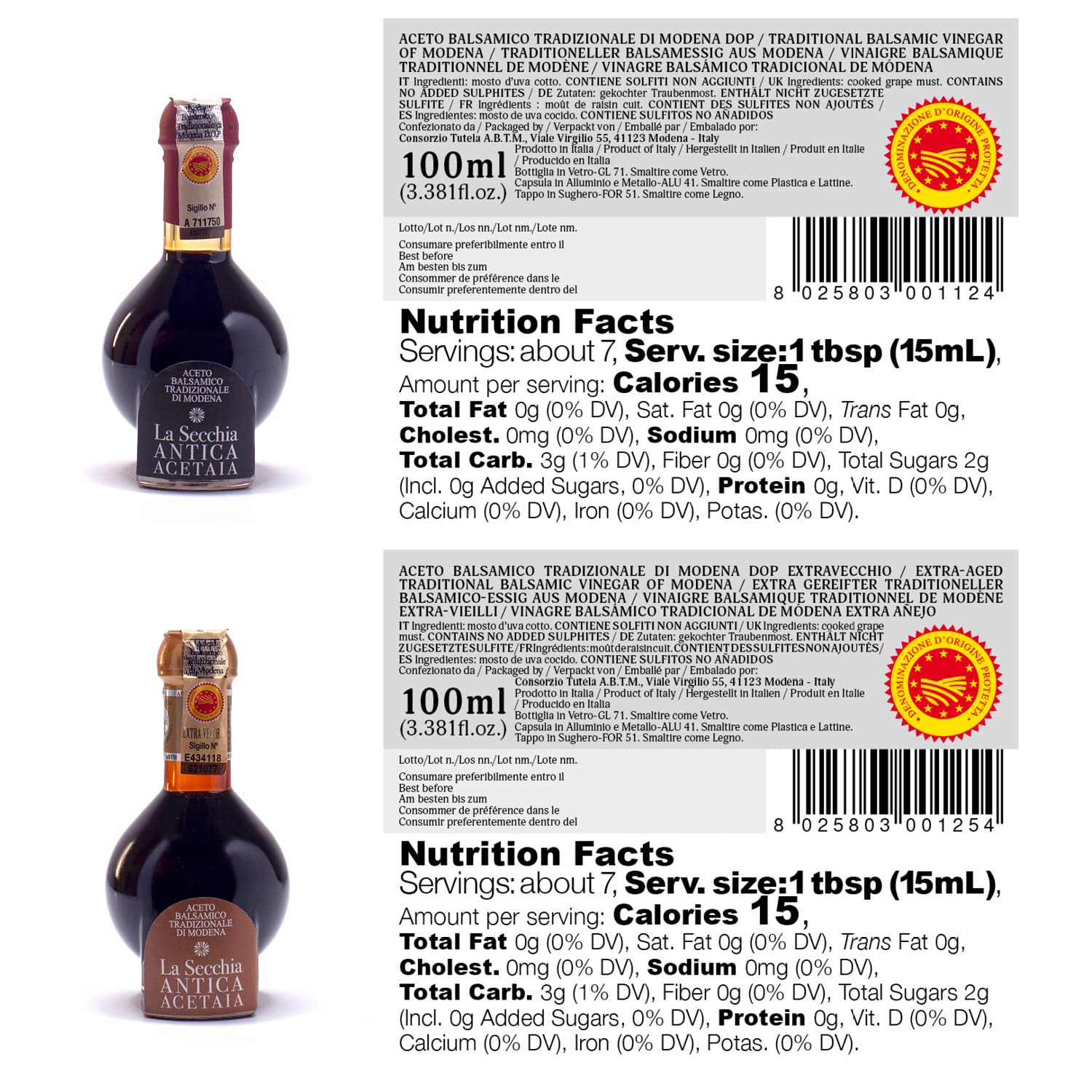 La Secchia - "Duetto", Aged 20 and 35 years, Traditional Balsamic Vinegar of Modena DOP, Two Bottles of 100 ml with Glass Dosing Cap