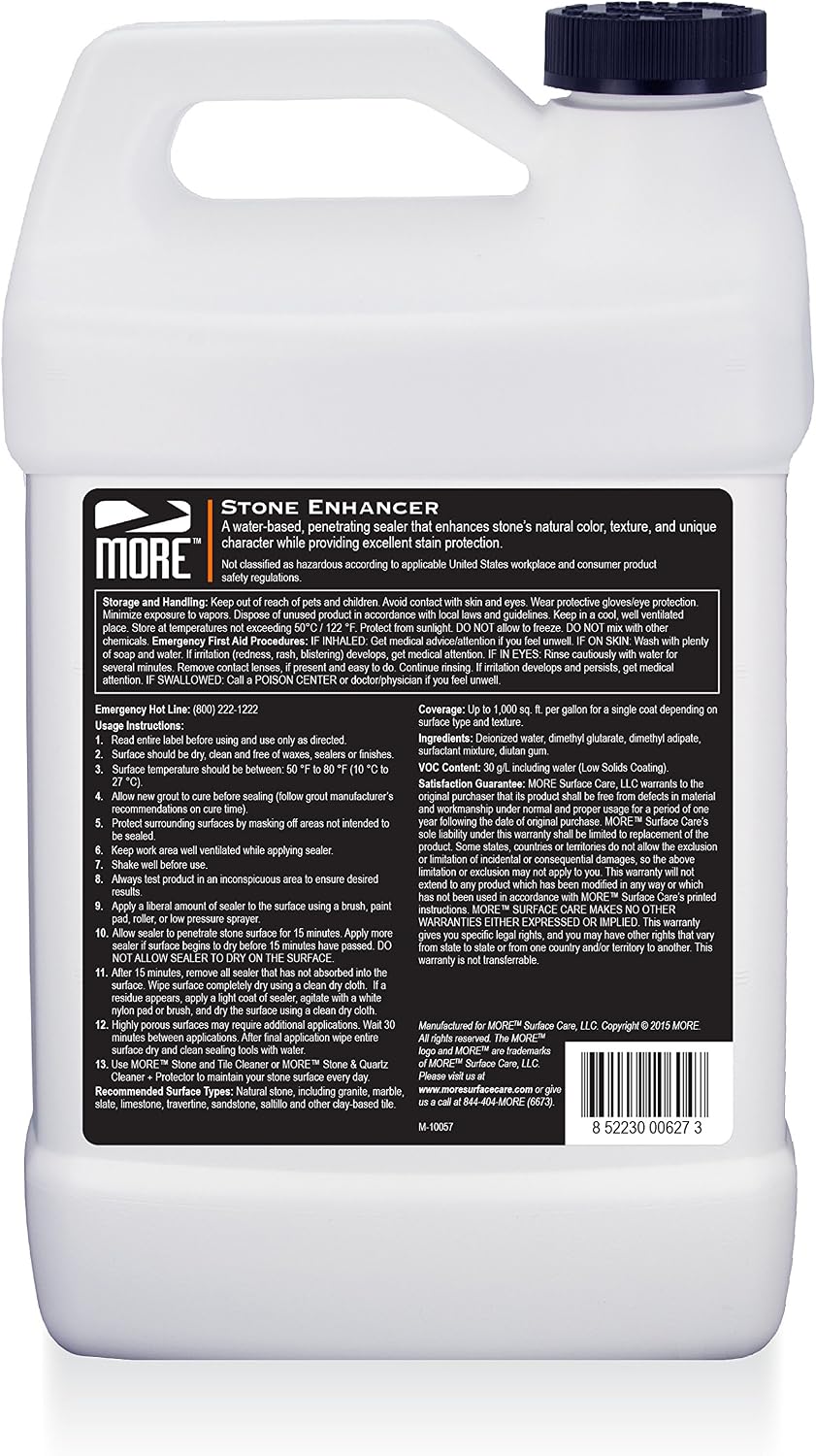 MORE Stone Enhancer & Sealer | 2-in-1 Formula for Indoor & Outdoor | Water-Based, Color Enhancing, Stain Protection for Marble, Granite, Limestone, Travertine & Natural Stone - No Gloss Finish [128oz]