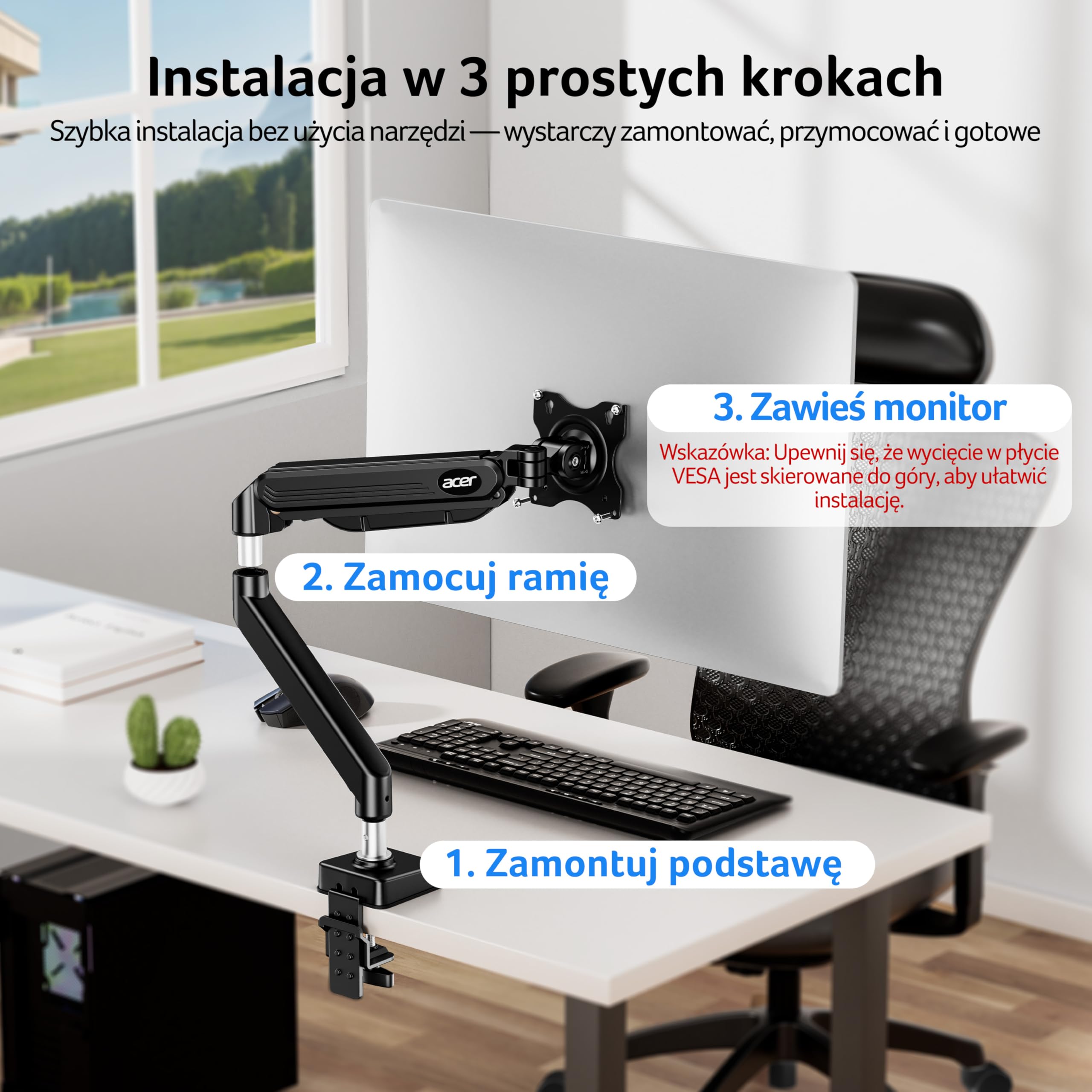 Acer Uchwyt pojedynczy monitor do 17-34 cali, Sprężyna gazowa Ramię | Obciążenie 2-9kg, Stojak regulacją wysokości z Pochylenie Obrót Obracania, VESA 75/100mm, Podstawa zaciskiem C/przelotką