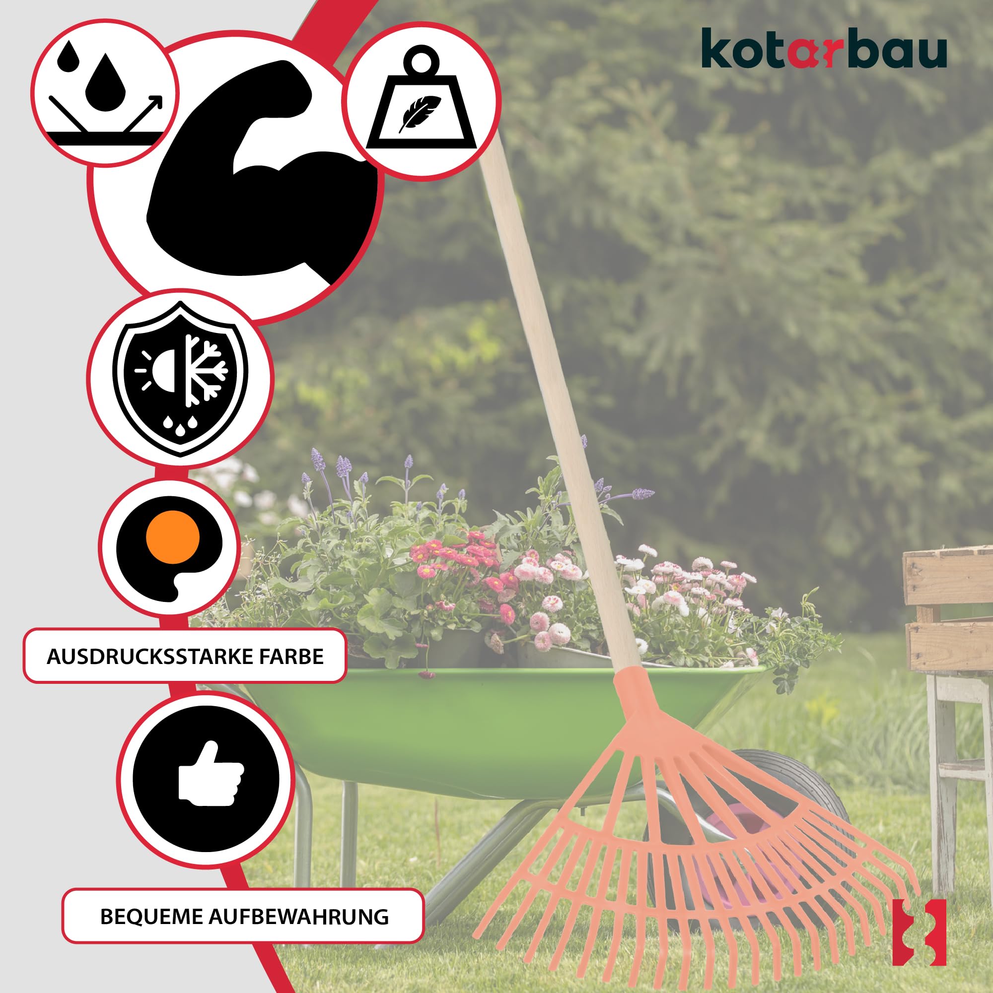 KOTARBAU® Rateau à Feuilles - Plastique - 44 cm - Orange - avec Manche - Râteau Jardin - Balai à Gazon - Ramasse Feuilles - Léger - Résistant - Entretien Jardin