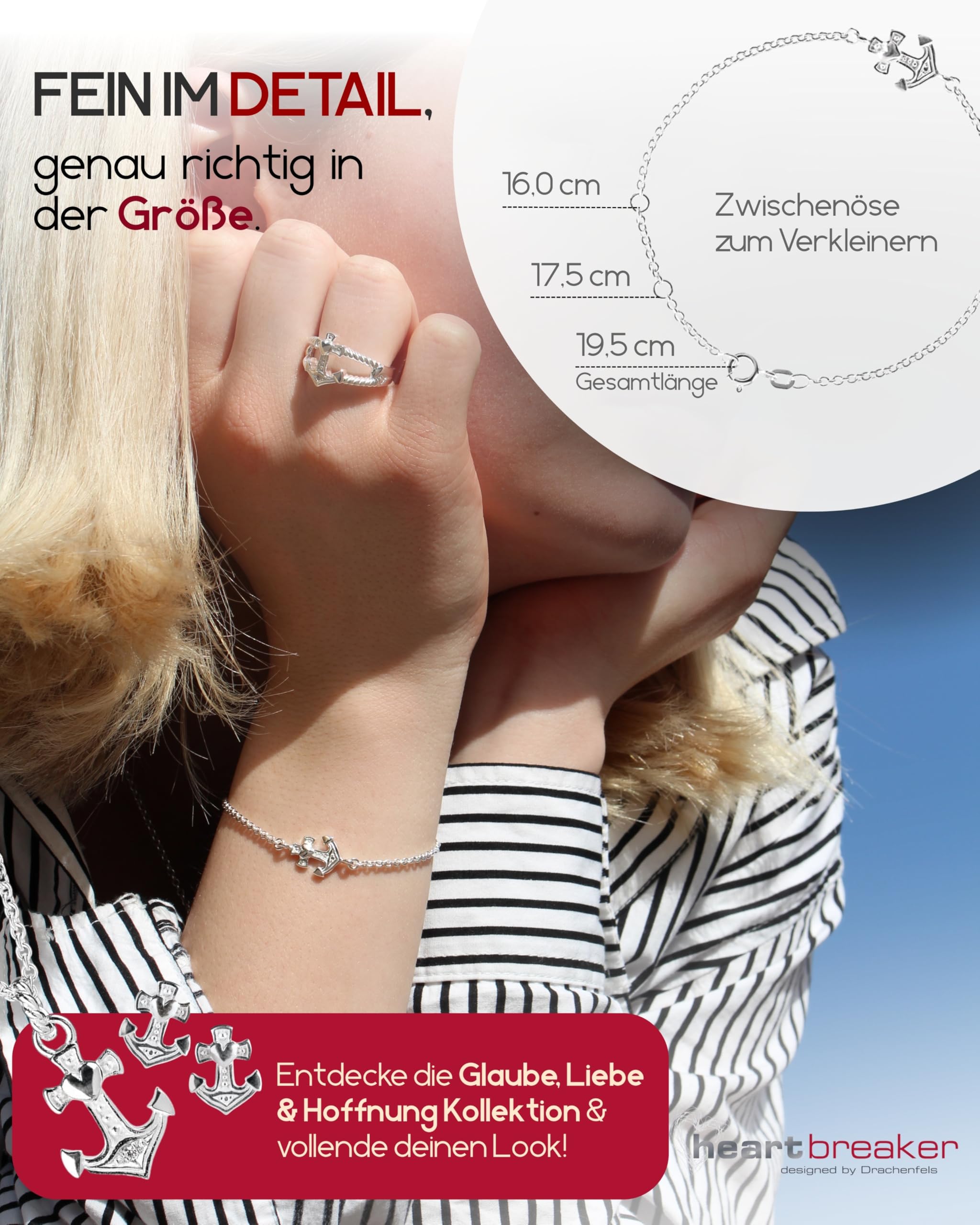 Heartbreaker "Glaube, Liebe & Hoffnung Armband I Damen-Armkette aus 925 Sterling Silber I Nickelfreies Armband mit Anker-Anhänger in Goldschmiedequalität I Silberarmband inkl. Verpackung I LD GLH 81