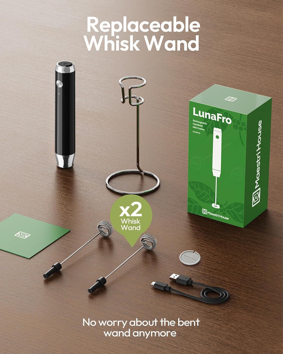 Maestri House Rechargeable Milk Frother with Stand, LunaFro Handheld Electric Foam Maker Waterproof Detachable Stainless Steel Whisk Drink Mixer Foamer for Lattes, Cappuccino - Image 6