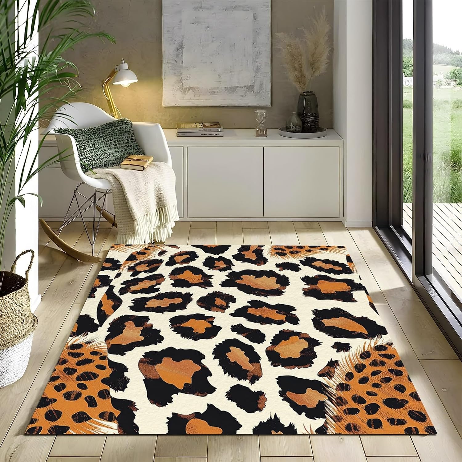Washable Non-Shed Rugs 3 x 5 ft, Leopard Print Throw Rugs for Bedroom Non Slip, Soft Animal Print Bathroom Mat, Entryway Rug Indoor Floor Chair Carpet for Living Room Coffee Table