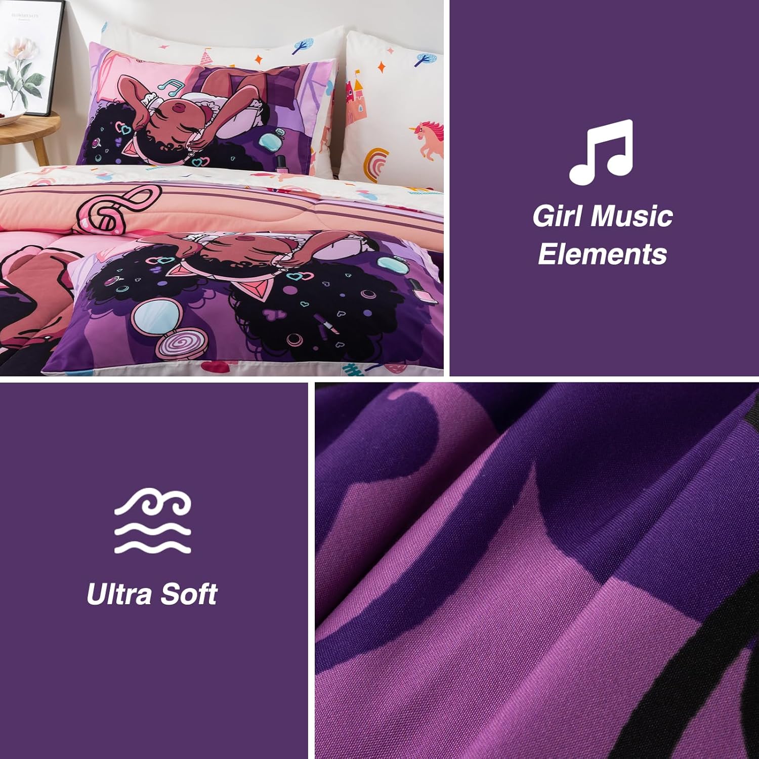 A Nice Night Purple Comforter Sets,Black Girl Listening Music Printed, 6Pcs Bed in A Bag Twin Size All Seasons Bedding Set,for Kids, Girls - Image 7