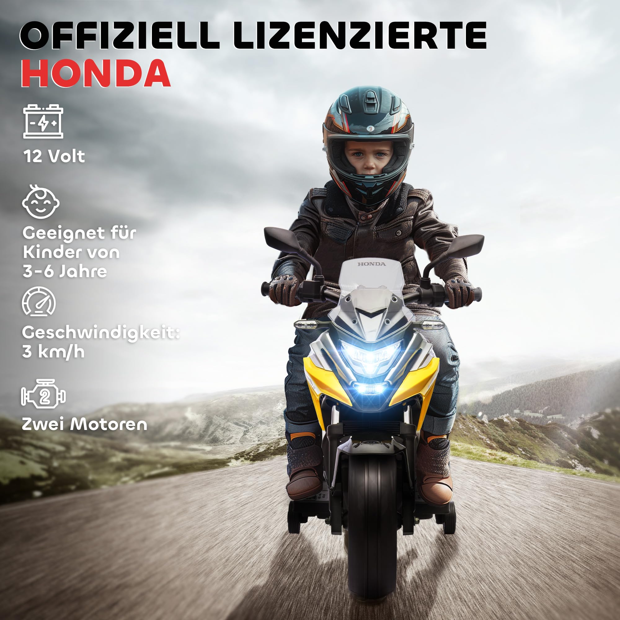 AIYAPLAY Elektro Kindermotorrad Elektrisch MP3 USB 3-6 Jahre Gelb | Elektromotorrad, 2 Stützrädern, Musik, Scheinwerfer