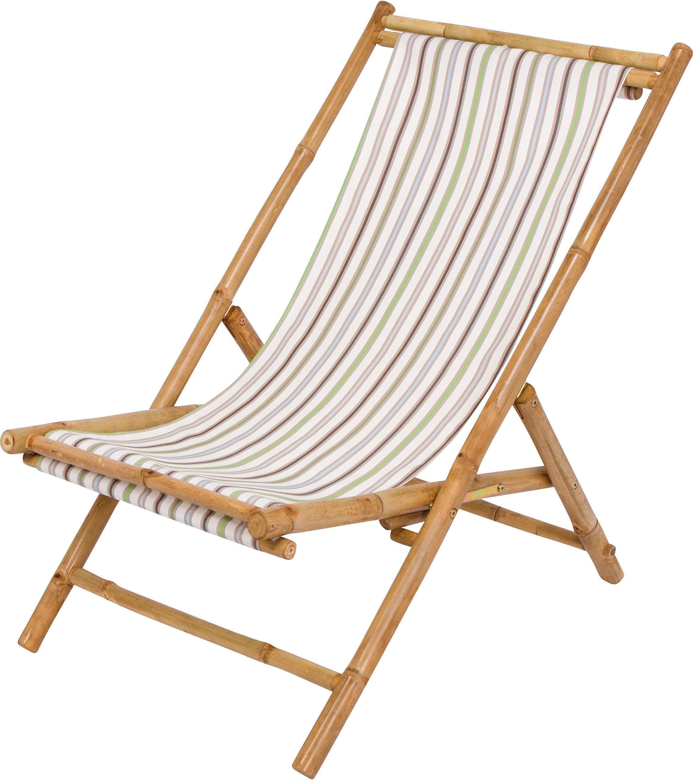 Zew Handcrafted Foldable Bamboo Outdoor Sling Chair with Treated Canvas, 37" L x 24" W x 33" H, White Stripe