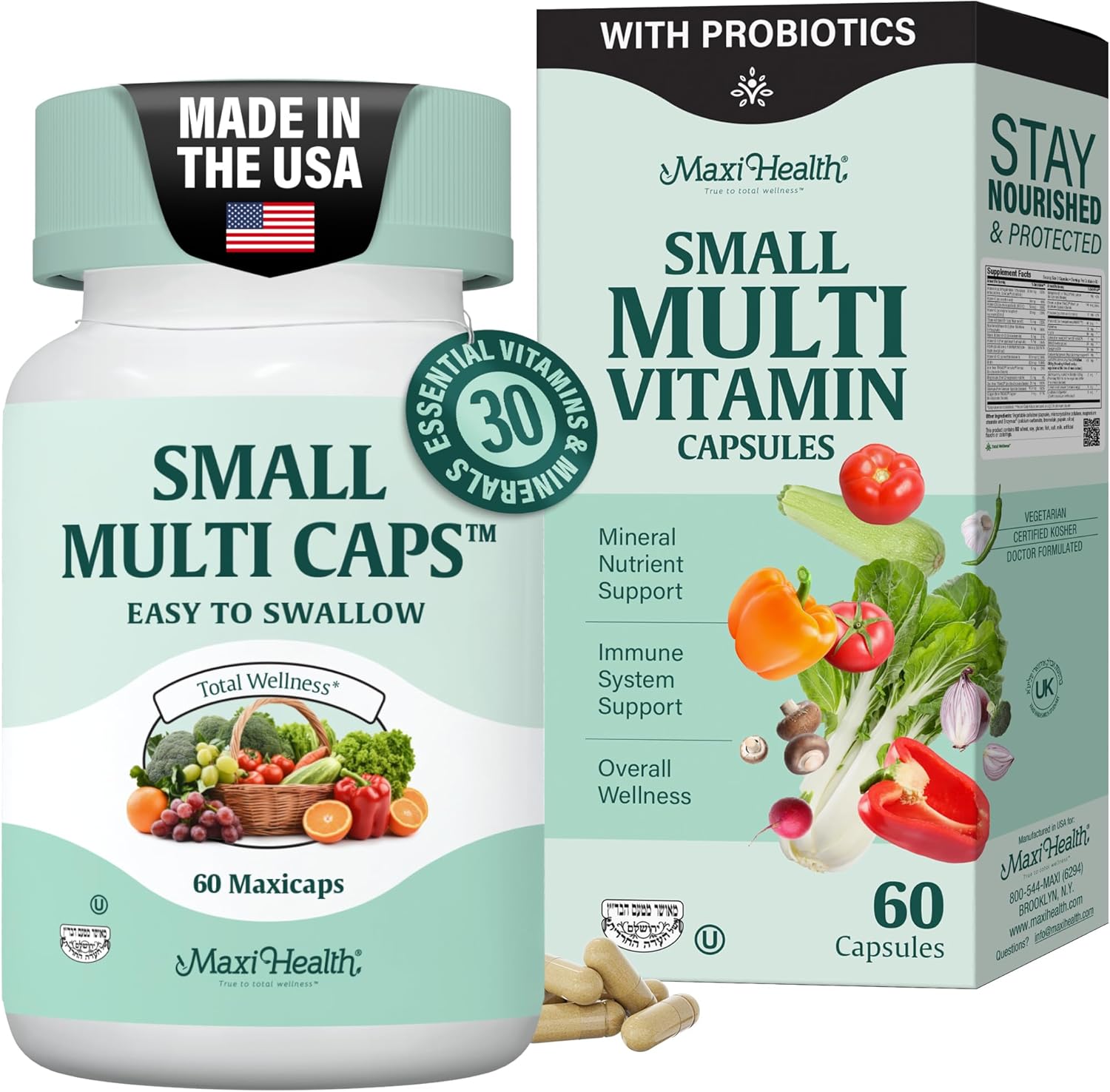 Maxi Health Multivitamin – Easy to Swallow Multi Vitamin Capsules with 30 Nutrients, Iron & Probiotics – Kosher Daily Multivitamins Small Capsules for Wellness Support & Digestive Ease (60 Units)