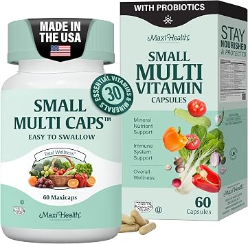 Maxi Health Multivitamin Easy to Swallow Multi Vitamin Capsules with 30 Nutrients, Iron & Probiotics Kosher Daily Multivitamins Small Capsules for Wellness Support & Digestive Ease 60 Units
