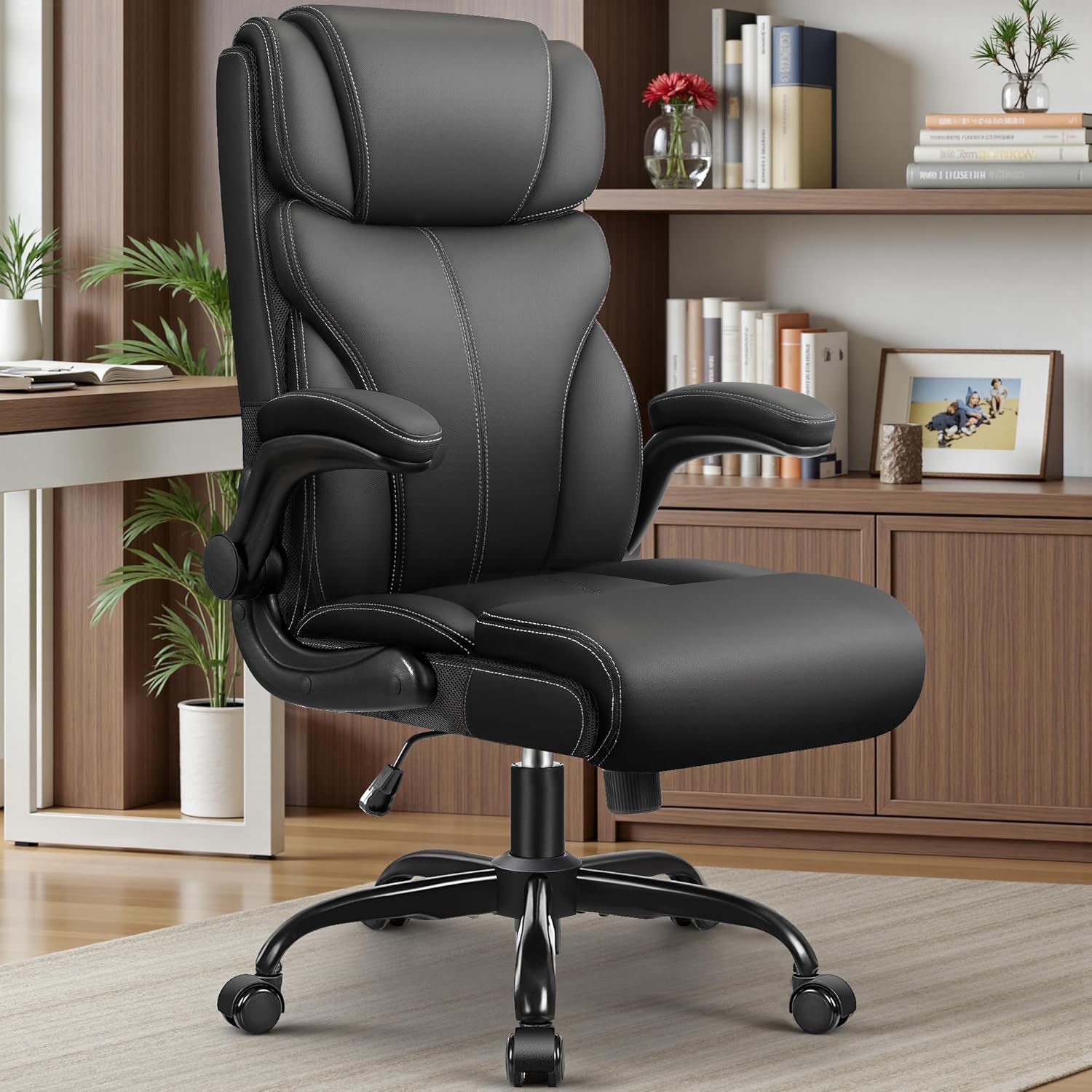 ( used)PU Leather Executive Office Chair, Ergonomic High-Back Computer & Gaming Chair with Adjustable Height, Rolling Swivel & Flip-Up Armrests, Comfy Padded Seat for Home Office-Black