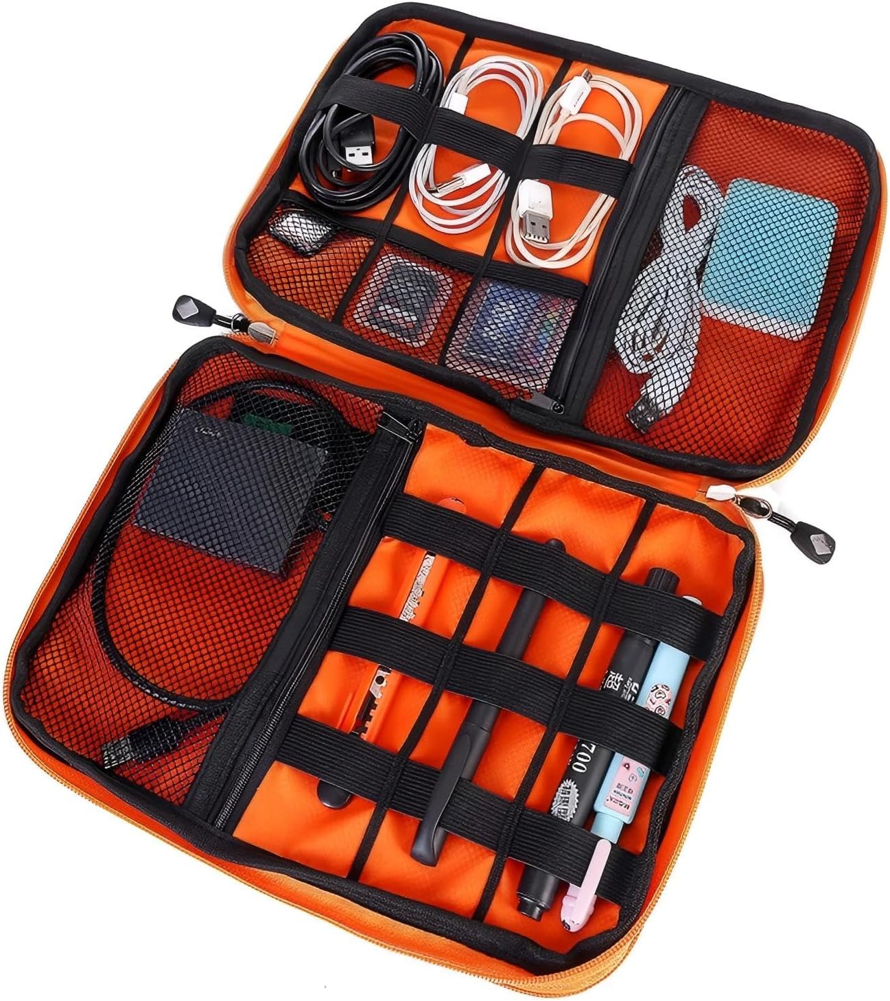 LoaferUpTravel Organizer - Double Layer Electronics Case, Cable Management Bag with Carrying Strap, Grey/Orange