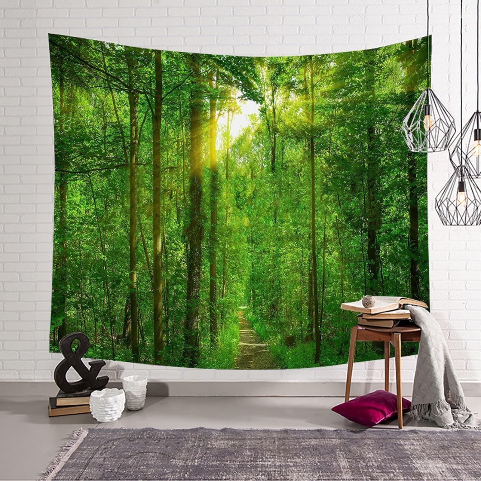 Skcess Wandbehang Natur 260x240cm, Polyester Tapisserie Grün Braun Sonnenschein, Wald und Pfad Wandteppich