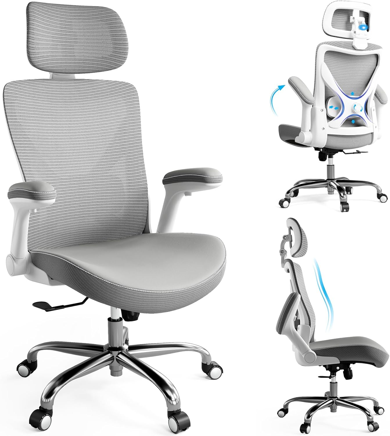 Ergalithic Ergonomic Office Chair-Computer X-Shaped Chair Mesh PU Leather with Adjustable Lumbar Support-Executive Desk Chair High Back with Headrest Flip-Up Arms for Long Hours (White-Grey)