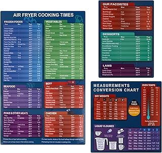 3Pack Air Fryer Cooking Times Chart UK, Conversion Magnetic Sheets Air Fryer Cooking Guide Cheat Sheet with Celsius and Measurement Quick Reference Guide Air Fryer Accessories
