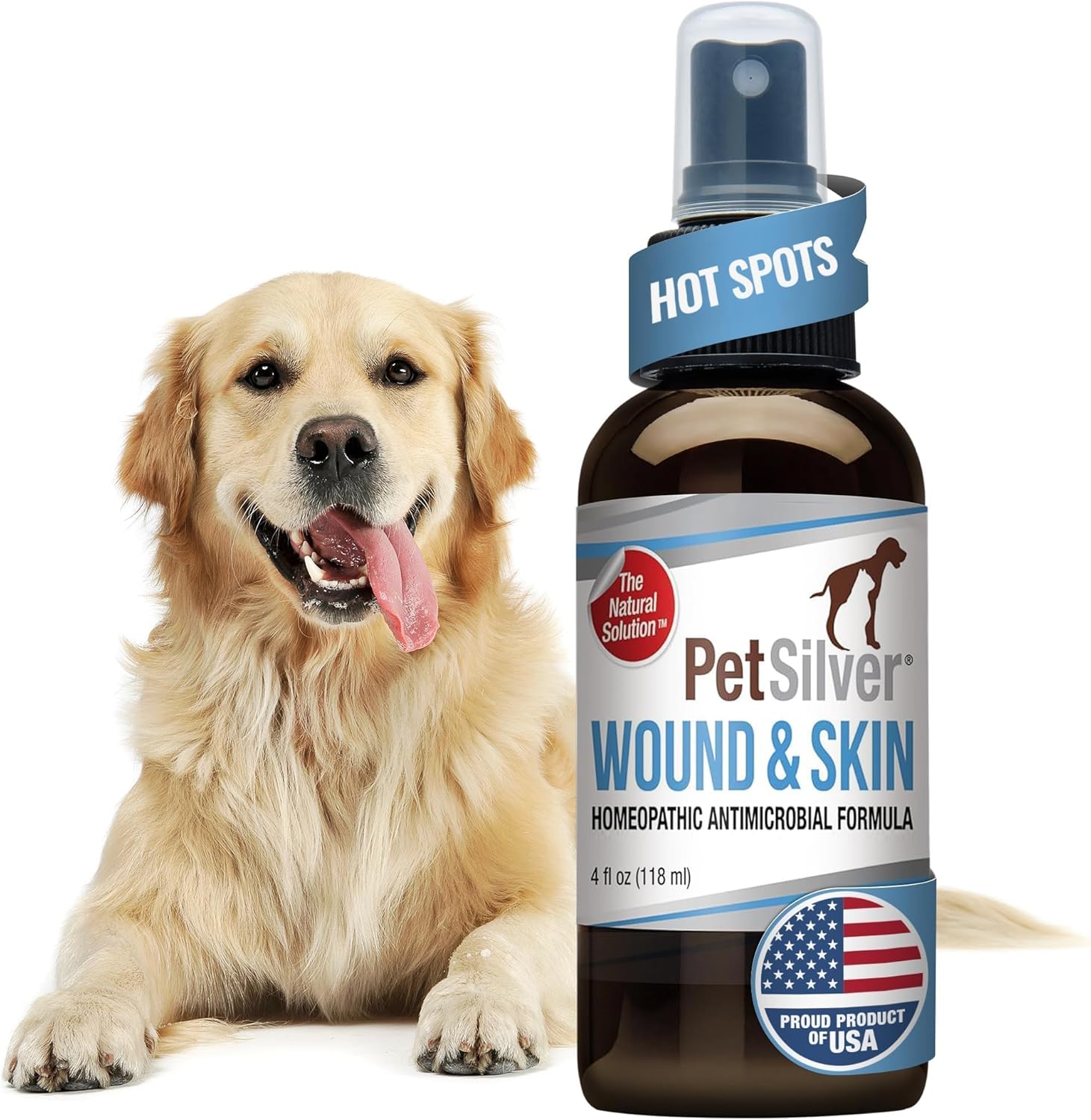 PetSilver Wound & Skin Spray – Dog Wound Spray, Hot Spot, Allergy Relief for Dogs, Itch Spray for Cats – Natural Skin Soother – Chelated Silver, Superior to Colloidal Silver – Made in USA – 4 fl oz