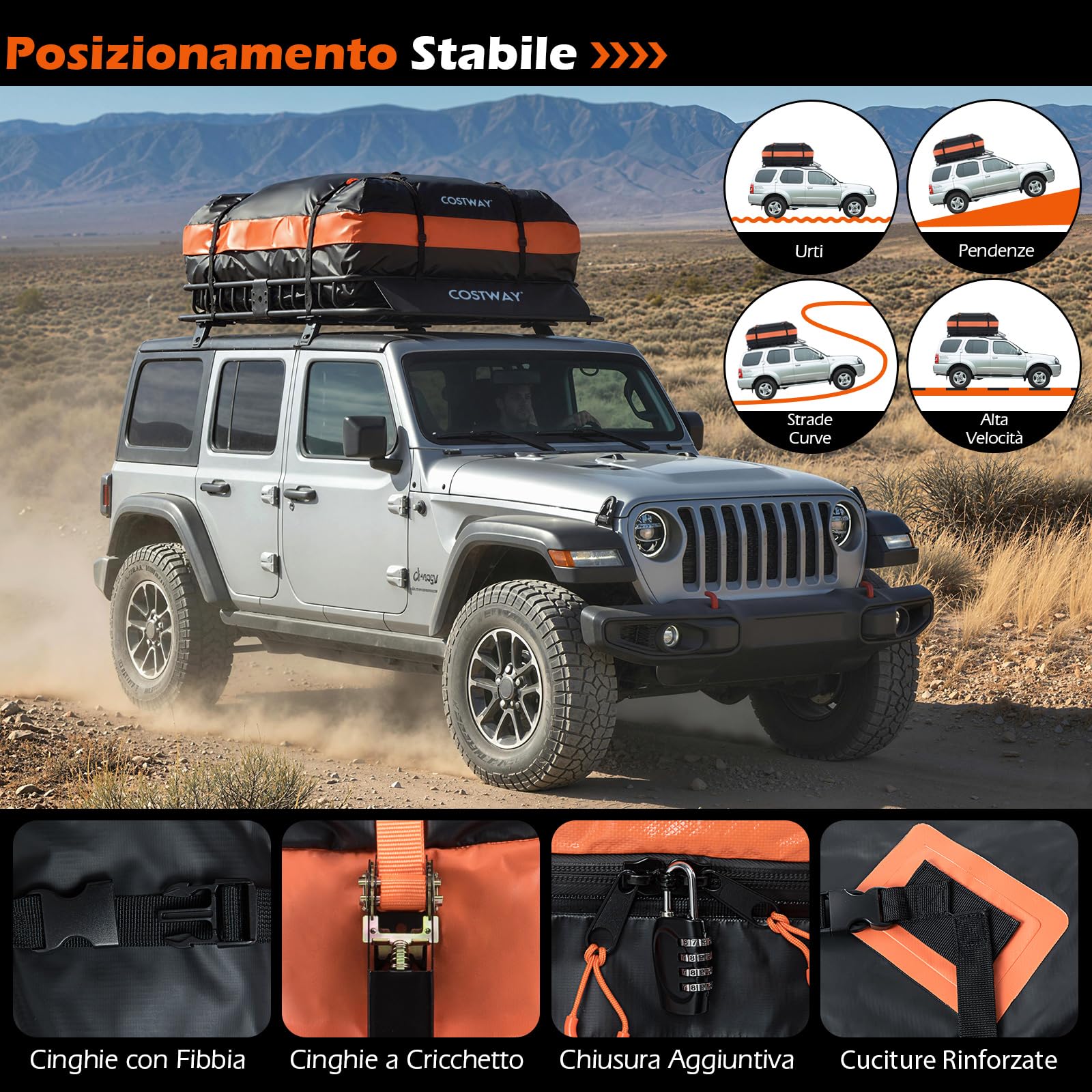 COSTWAY Portapacchi Auto da Tetto, Cestino Portapacchi da Tetto con Borsa per Bagagli e Cinghie a Cricchetto, Portata 90 kg, Barre Portatutto Universale per SUV, Camion, Berlina, 130 x 91 x 17 cm