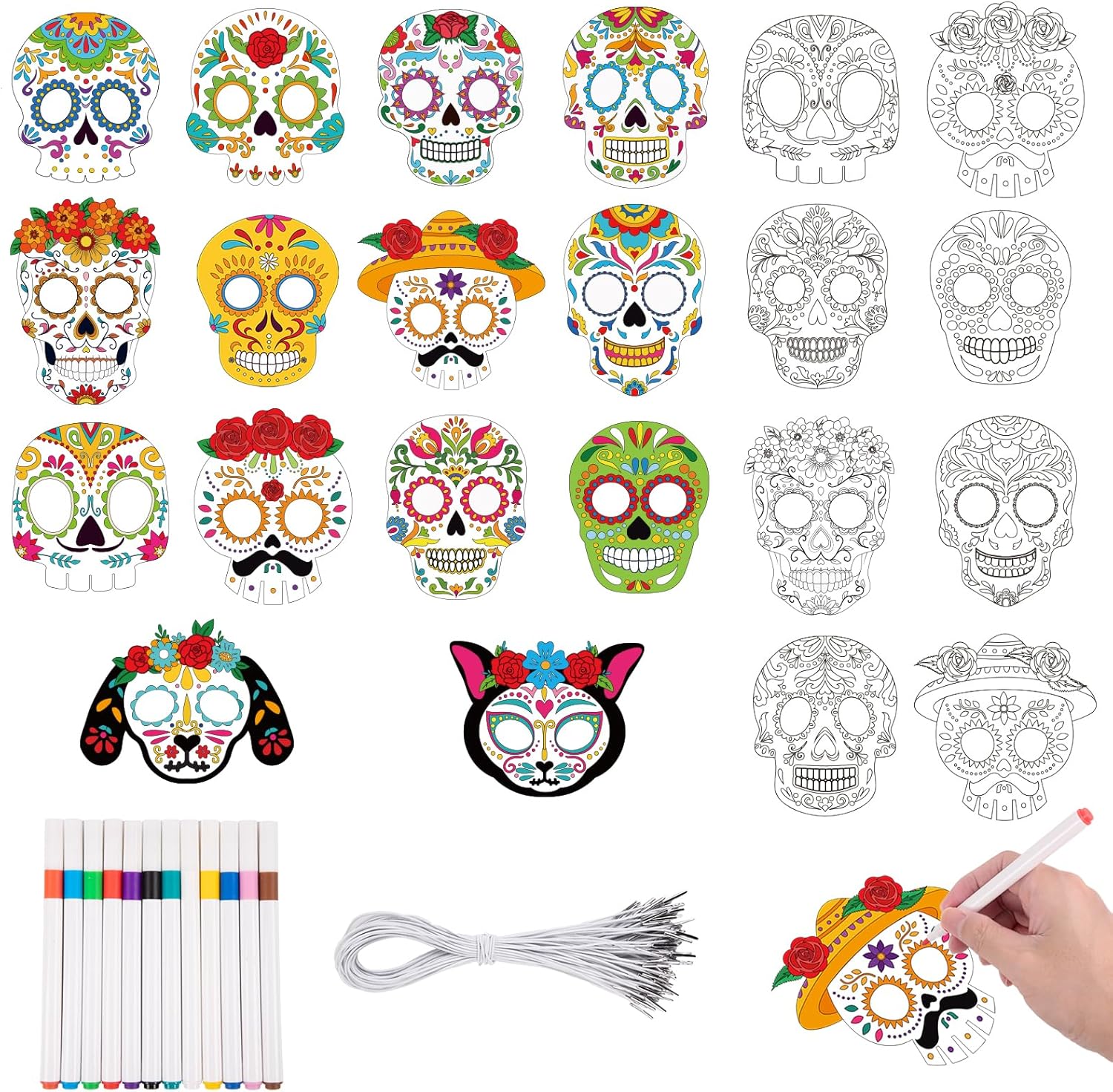 Eternity sky 36 Pack Day of The Dead Sugar Skull Masks - Halloween DIY Coloring Paper Craft Kit with Pens for Kids Dia De Muertos Activity