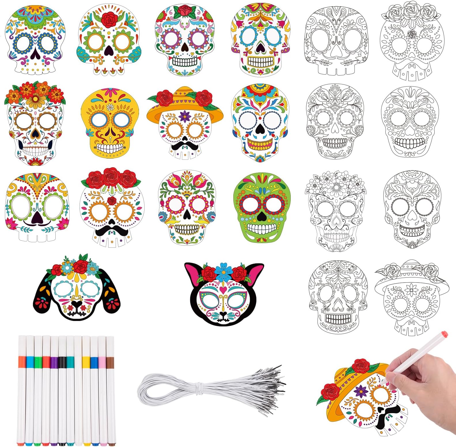 Eternity sky 36 Pack Day of The Dead Sugar Skull Masks - Halloween DIY Coloring Paper Craft Kit with Pens for Kids Dia De Muertos Activity