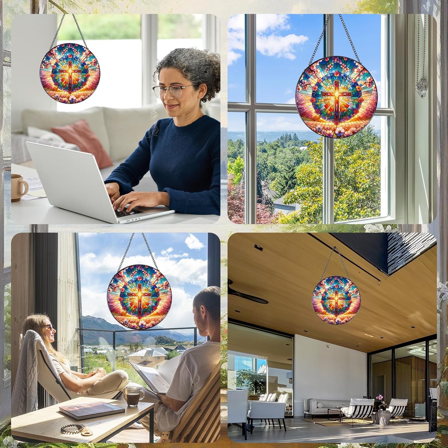 Cross Stained Glass Window Hanging, 7.8″ Sun Catchers with Hook Indoor Window Decor, Decorative Suncatchers Home Garden Art Gift for Thanksgiving Christmas Housewarming - Image 6