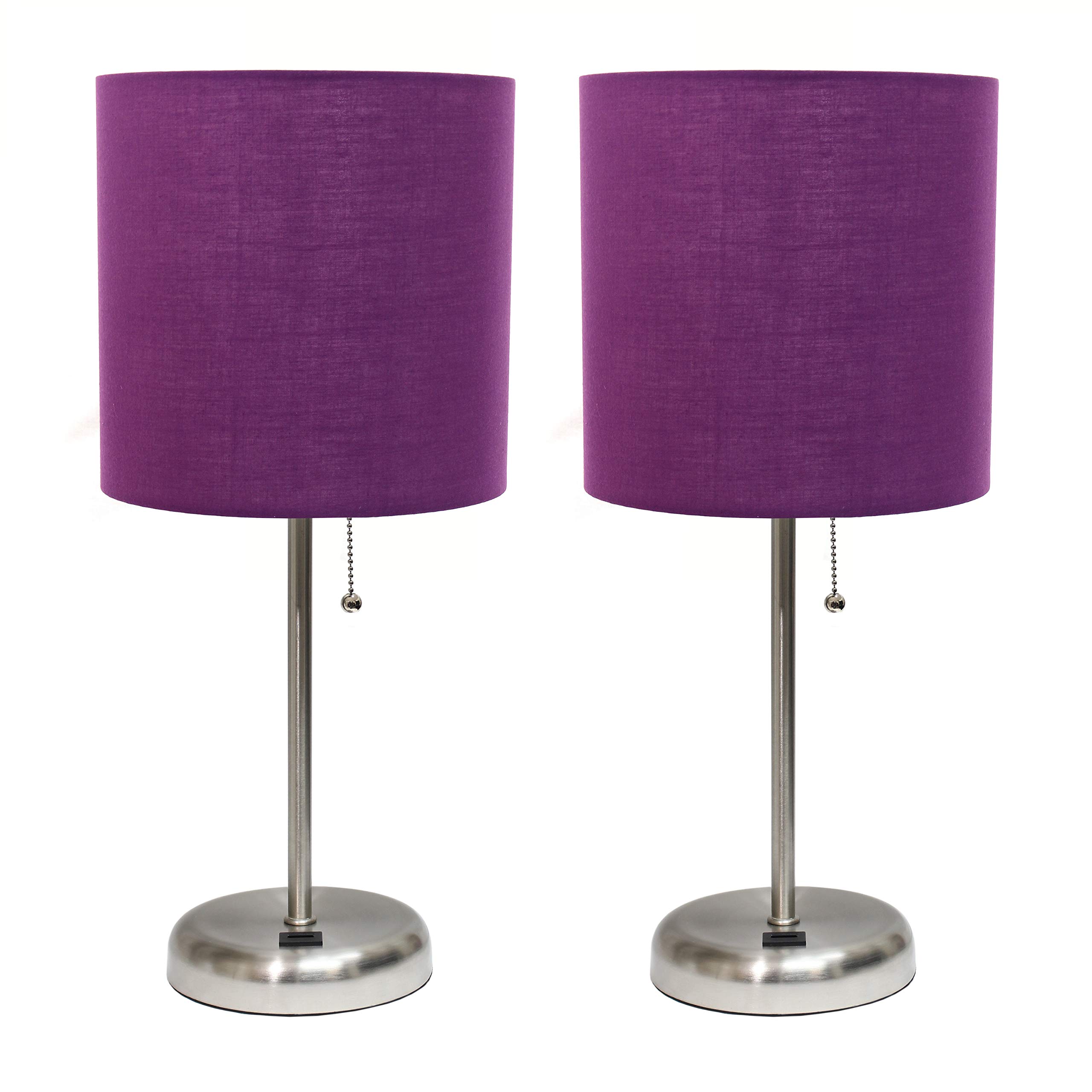 Simple Designs LC2002-PRP-2PK Brushed Steel Stick Table Lamp Set with USB Charging Port and Purple Fabric Shades, 2 Pack Set