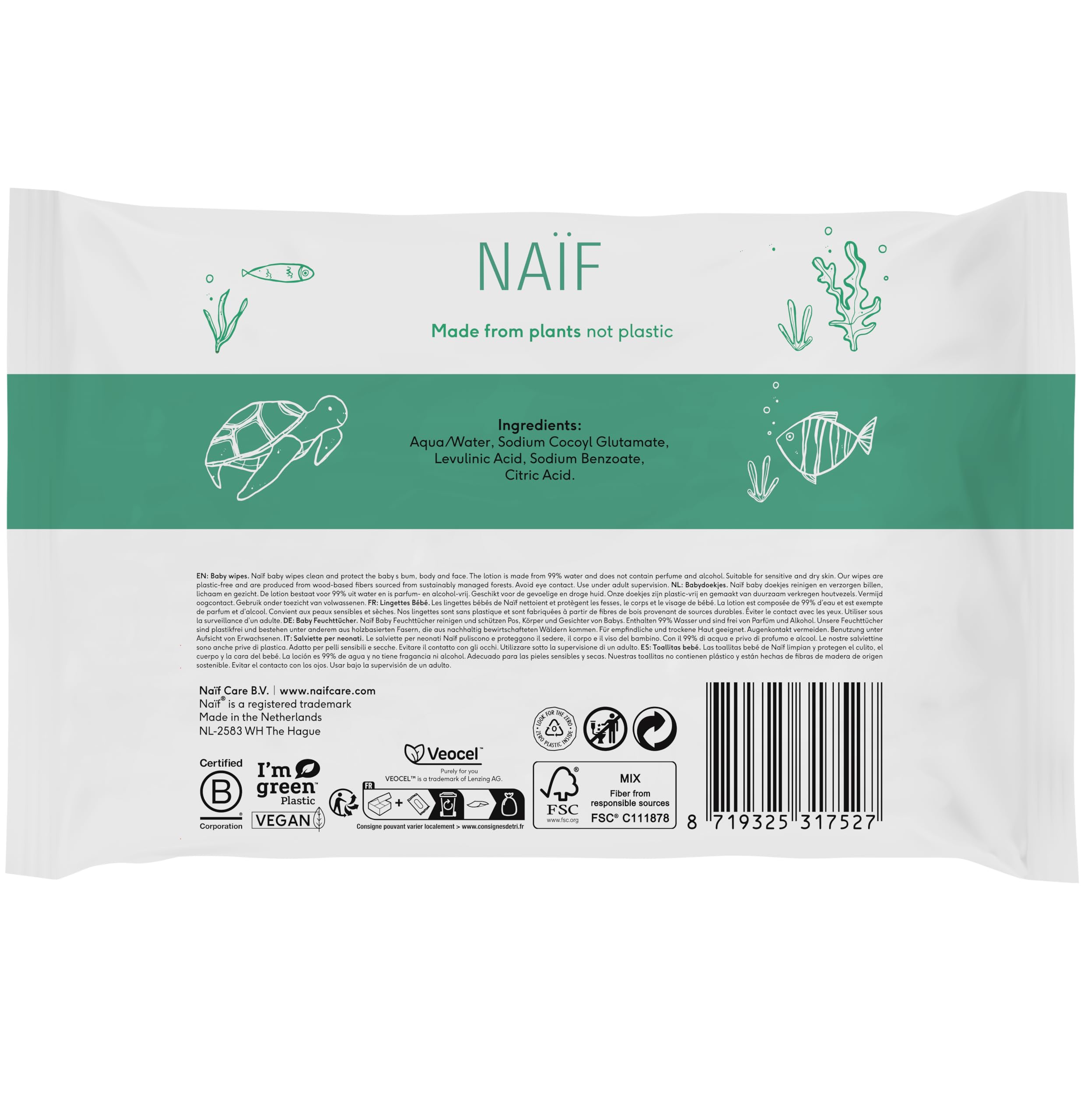 Naïf - Chusteczki nawilżane bez plastiku – 864 sztuki (16 x 54 wilgotne chusteczki) – pielęgnacja pupy, ciała i twarzy – 99% z wody – 0% perfum i alkoholu