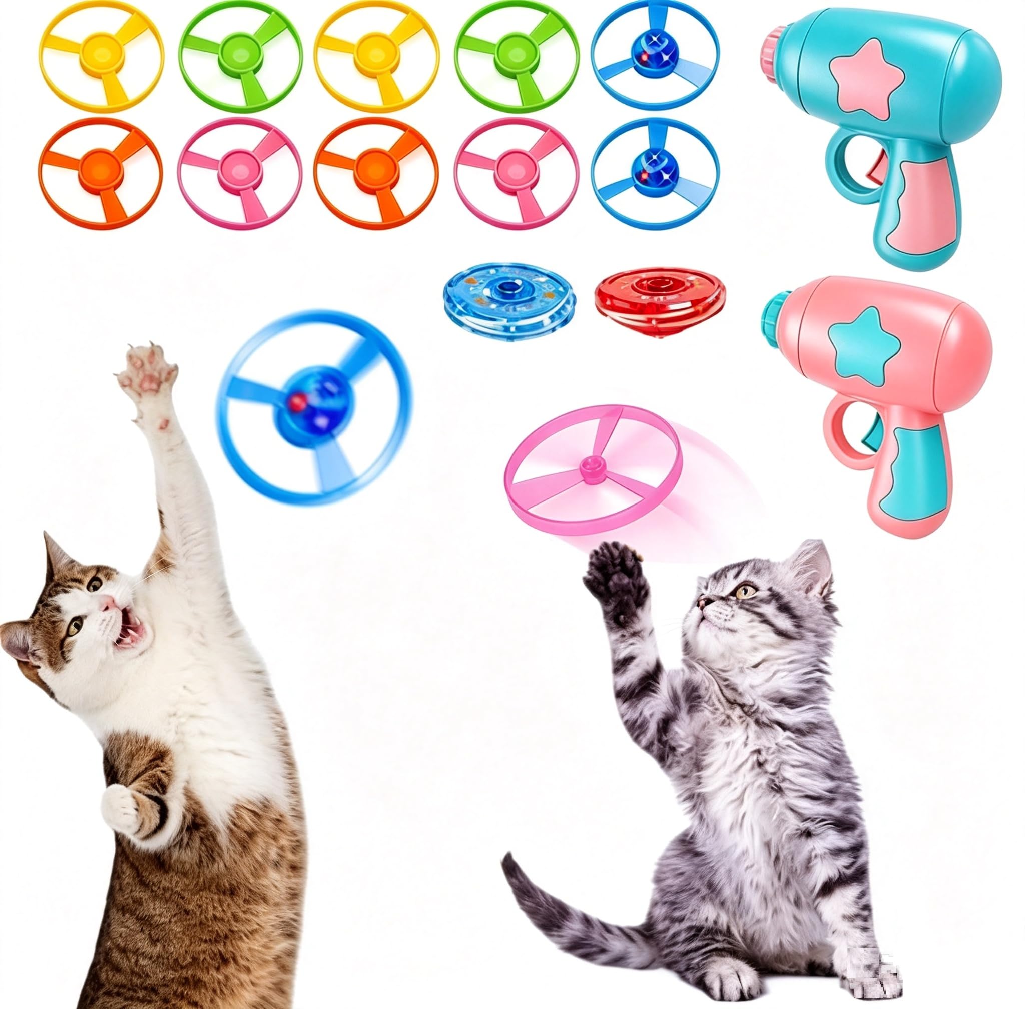 Colourful Cat Fetch Toys, Interactive Cat Toy, Chasing Flying Propeller Funny Toys with 2 Shooter, 2 Tops and 10 Discs, Versatile Cat Toys for Interaction, Exercise, Training, Hunting, Chasing