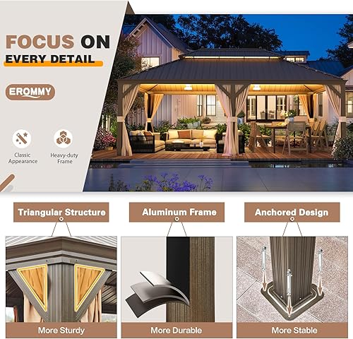 Miniatura 7 de EROMMY Cenador de techo rígido de 12 x 22 pies, toldo de acero galvanizado de doble techo, marco de aluminio para exteriores, pabellón de metal