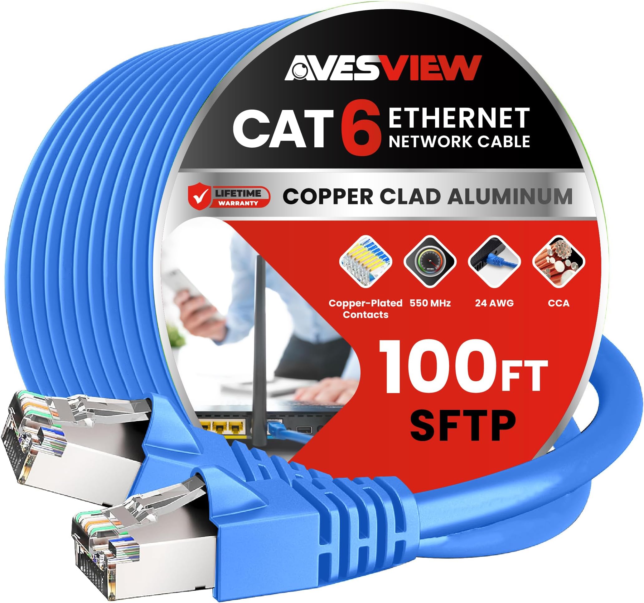CAT 6 Shielded Ethernet Cable 100 FT, Indoor High-Speed (SFTP) 10Gbps Snagless Shielded 100FT Ethernet Cable for Internet, Router, Computer, PlayStation, Xbox, POE Camera, Printer - Blue