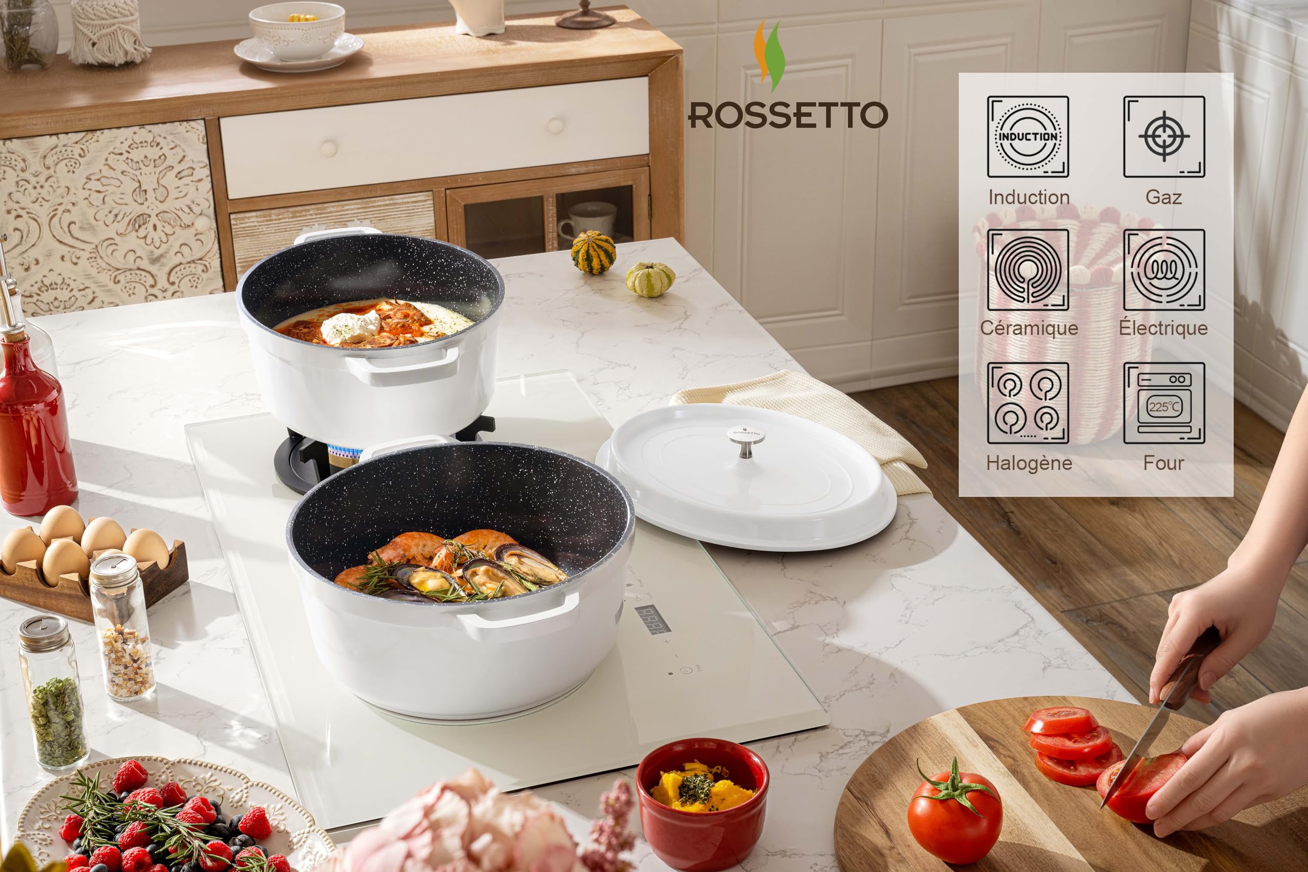 ROSSETTO 10,6L Cocotte ovale en fonte d’aluminium, revêtement antiadhérent en céramique. Couvercle avec picots saveurs. Compatible tous feux dont induction et au four jusqu’à 220° (38cm, Blanc)