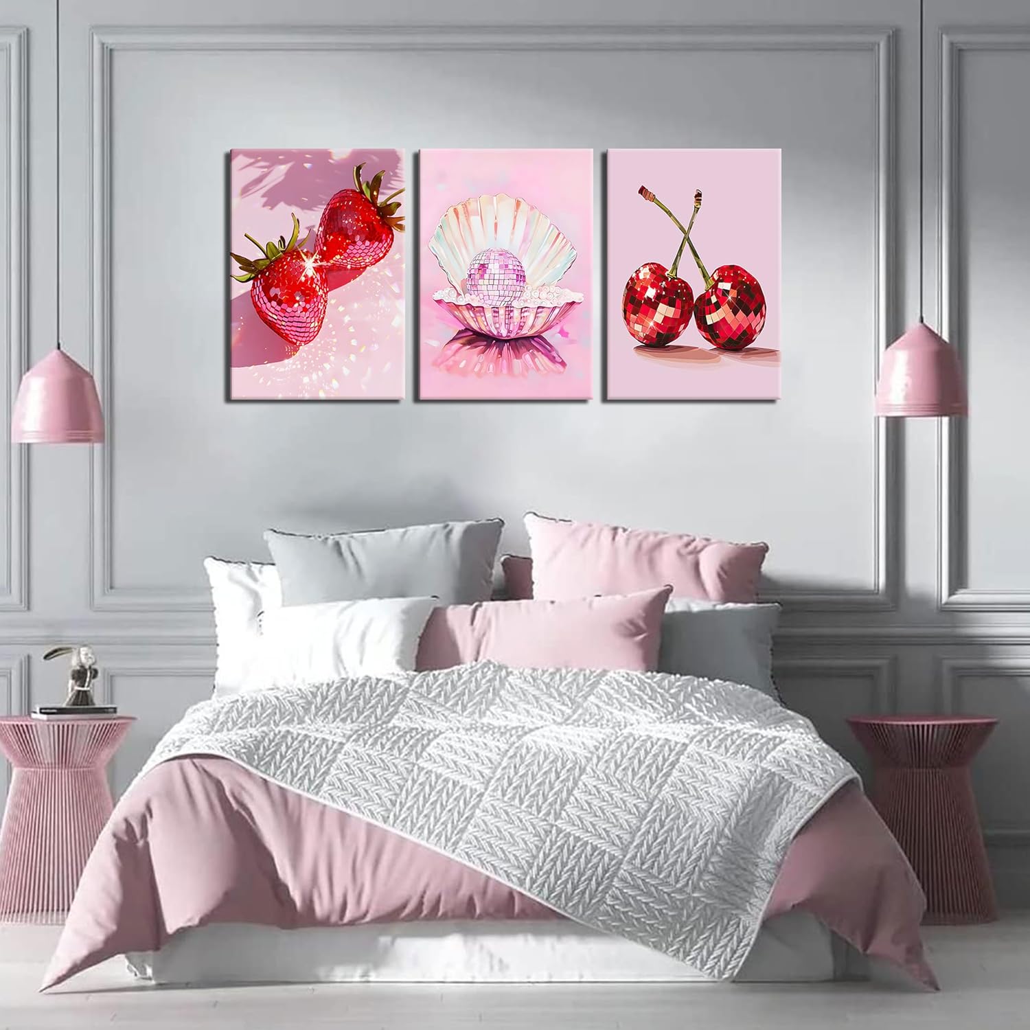 Hot Pink Disco Canvas Wall Art Set of 3, Trendy Strawberries Cherries Fruit Wall Decor Paintings, Funky Preppy Cute Seashell Posters Prints Pictures for Girl Dorm Bedroom 12x16 Inch Framed