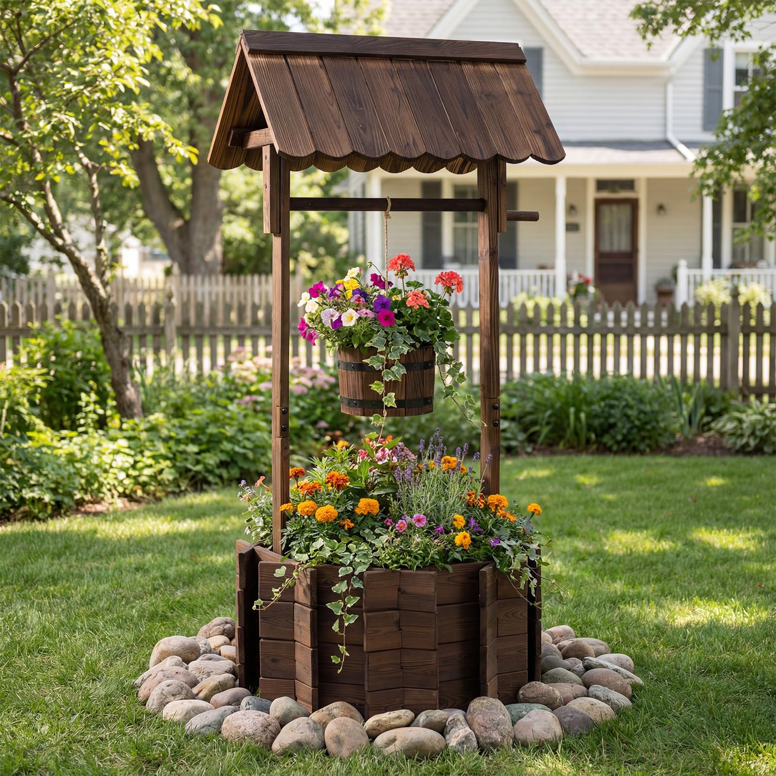 COSTWAY Holzbrunnen mit Dach, Wunschbrunnen Garten, Blumenkübel Dekobrunnen Blumentopf, Dekoration für Draußen Veranda, Zierbrunnen Brunnen Gartenbrunnen, 56 x 56 x 119 cm, Braun