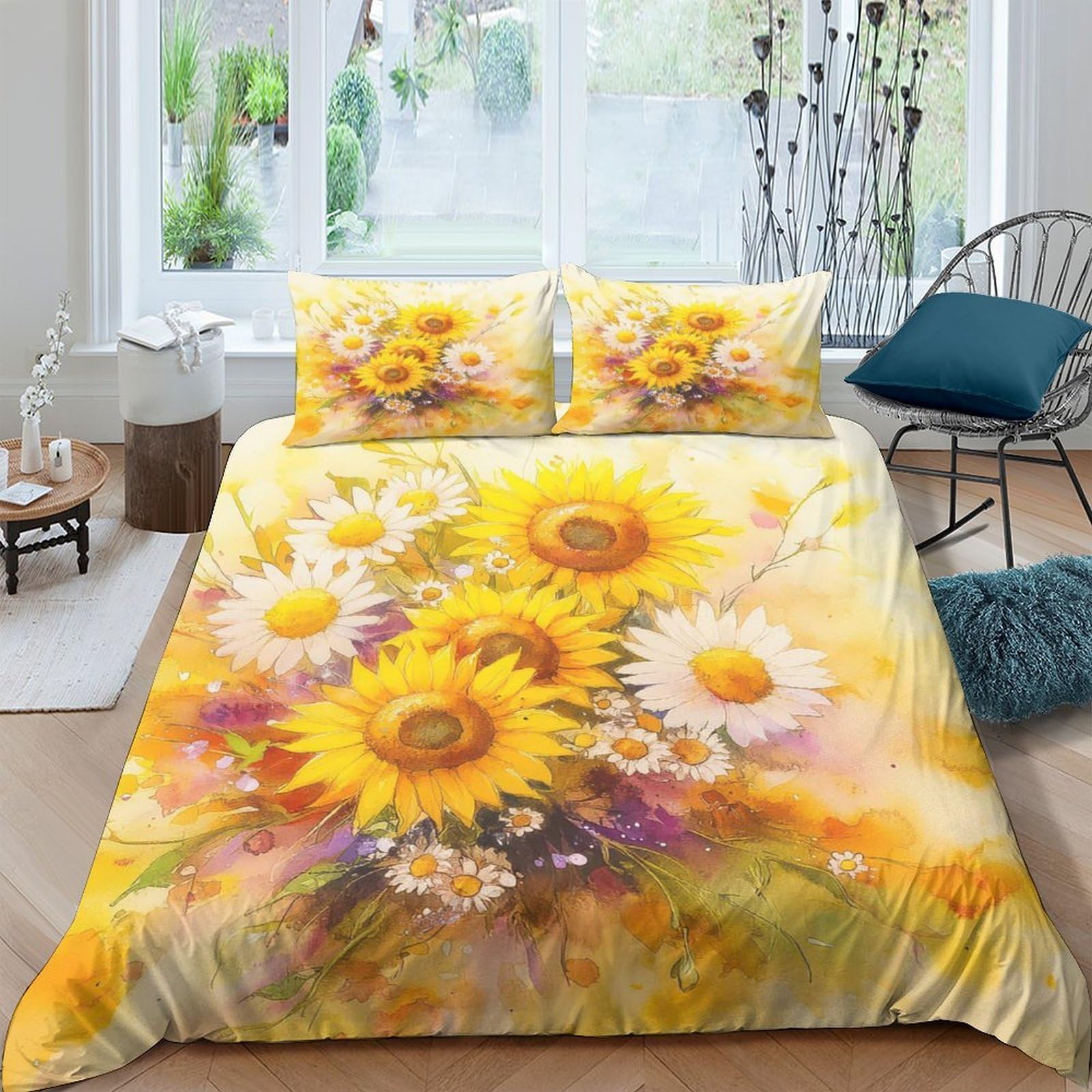 Ctjqhvkz Style-7 3D Printed Sunflower Daisy Fitted Sheet Microfiber Yellow Floral Bed Cover Non-Slip Machine Washable For Bedroom Guest Room Decor Single（135X200cm）