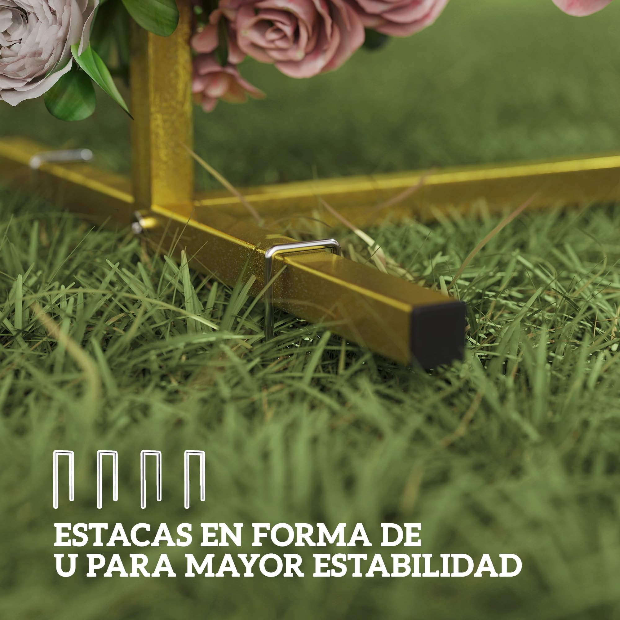 Outsunny Arco de Jardín para Rosas de Metal, 200x200 cm, Arco de Boda Cuadrado con Estacas en Forma de U, Resistente a la Intemperie, para Plantas Trepadoras, para Decoración Patio Terraza, Dorado